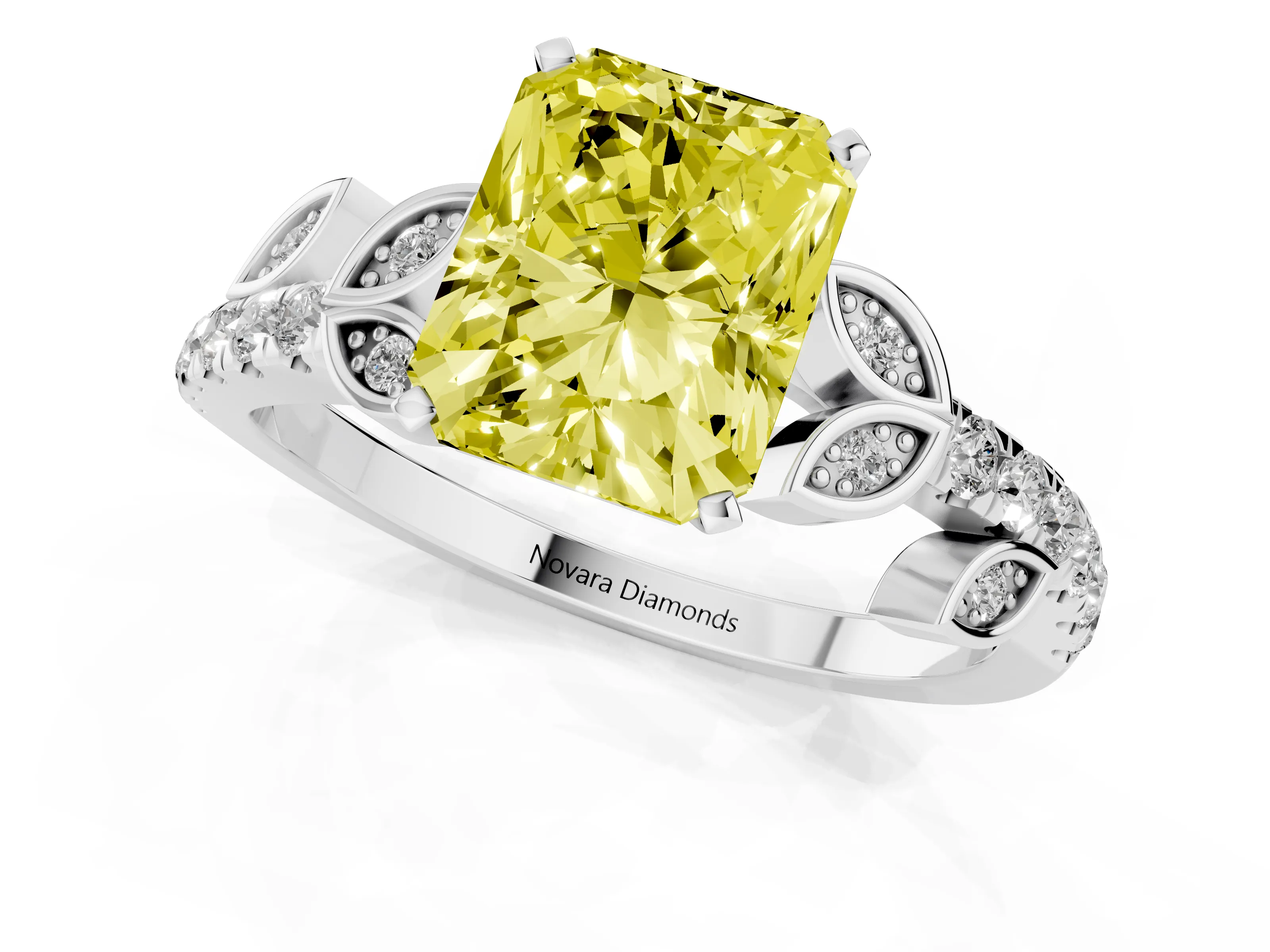 Fancy Yellow Radiant Cut Diamond Solitaire Leaf-Inspired Ring Set in Silver with Pavé Band and Prong Setting