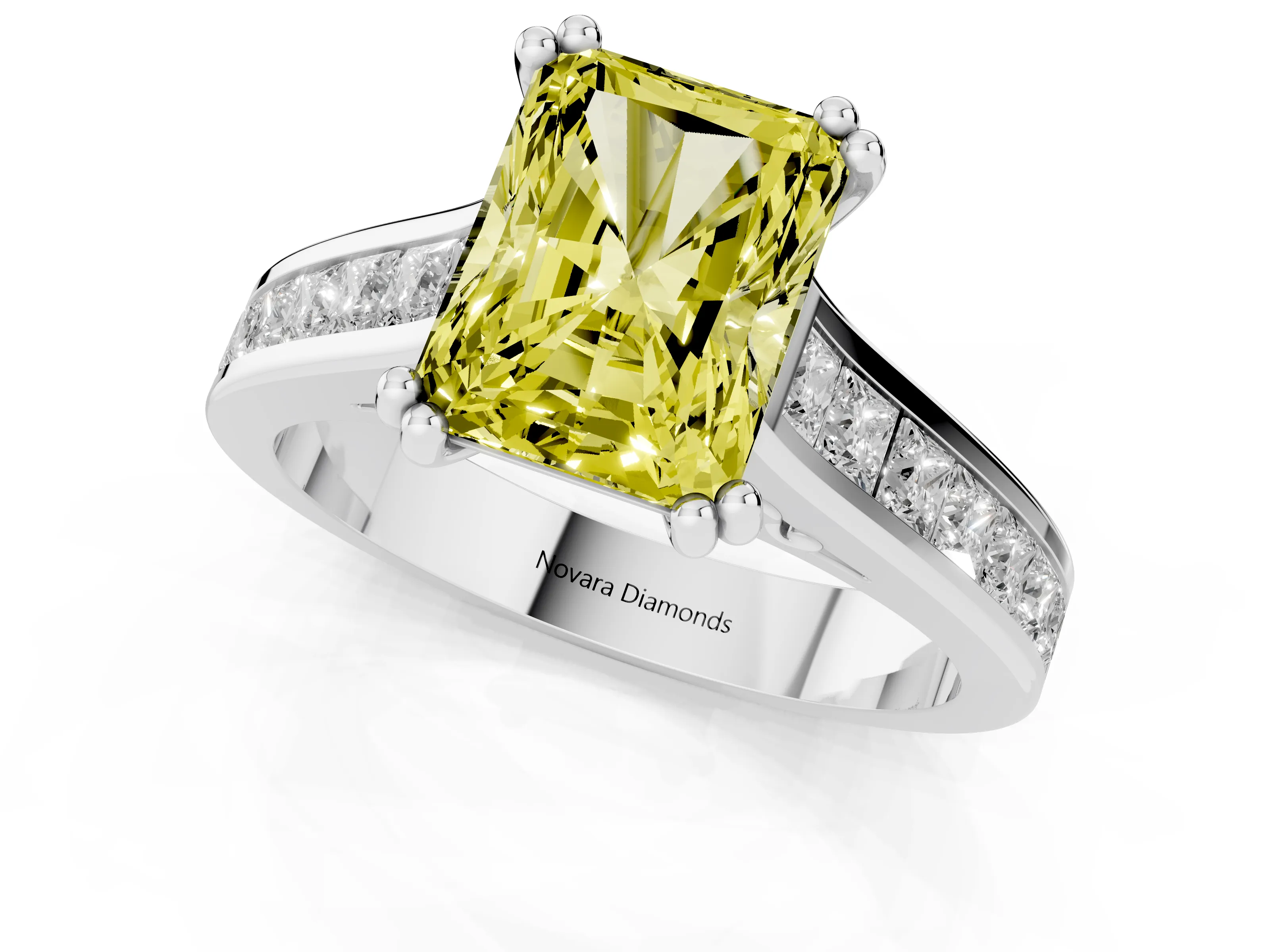 Fancy Yellow Radiant Cut Diamond Channel Set Solitaire Engagement Ring Set in Silver with Prong Setting