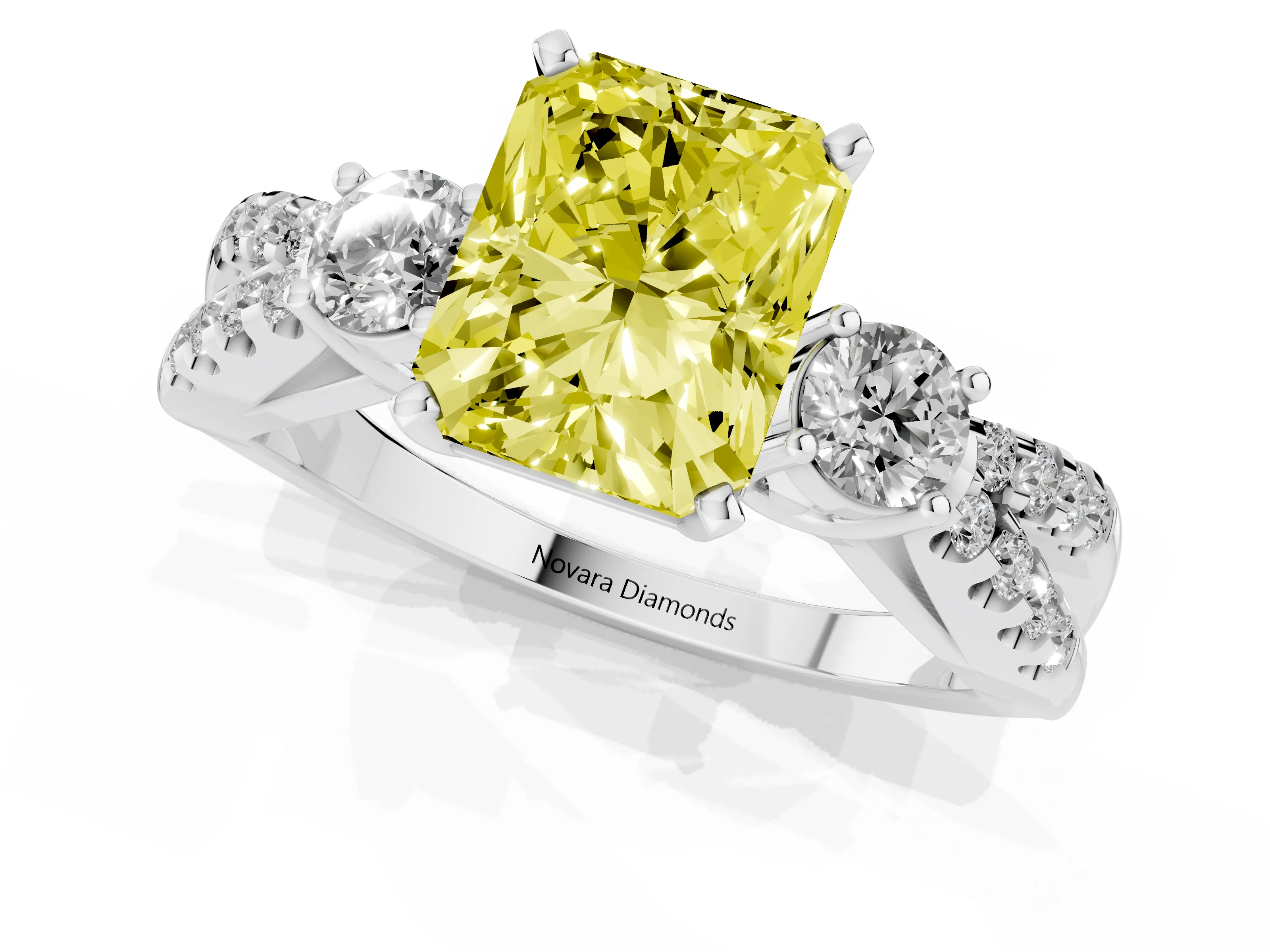 Fancy Yellow Radiant Cut Diamond Three-Stone Ring Set in Silver with Pavé Split Shank and Prong Setting