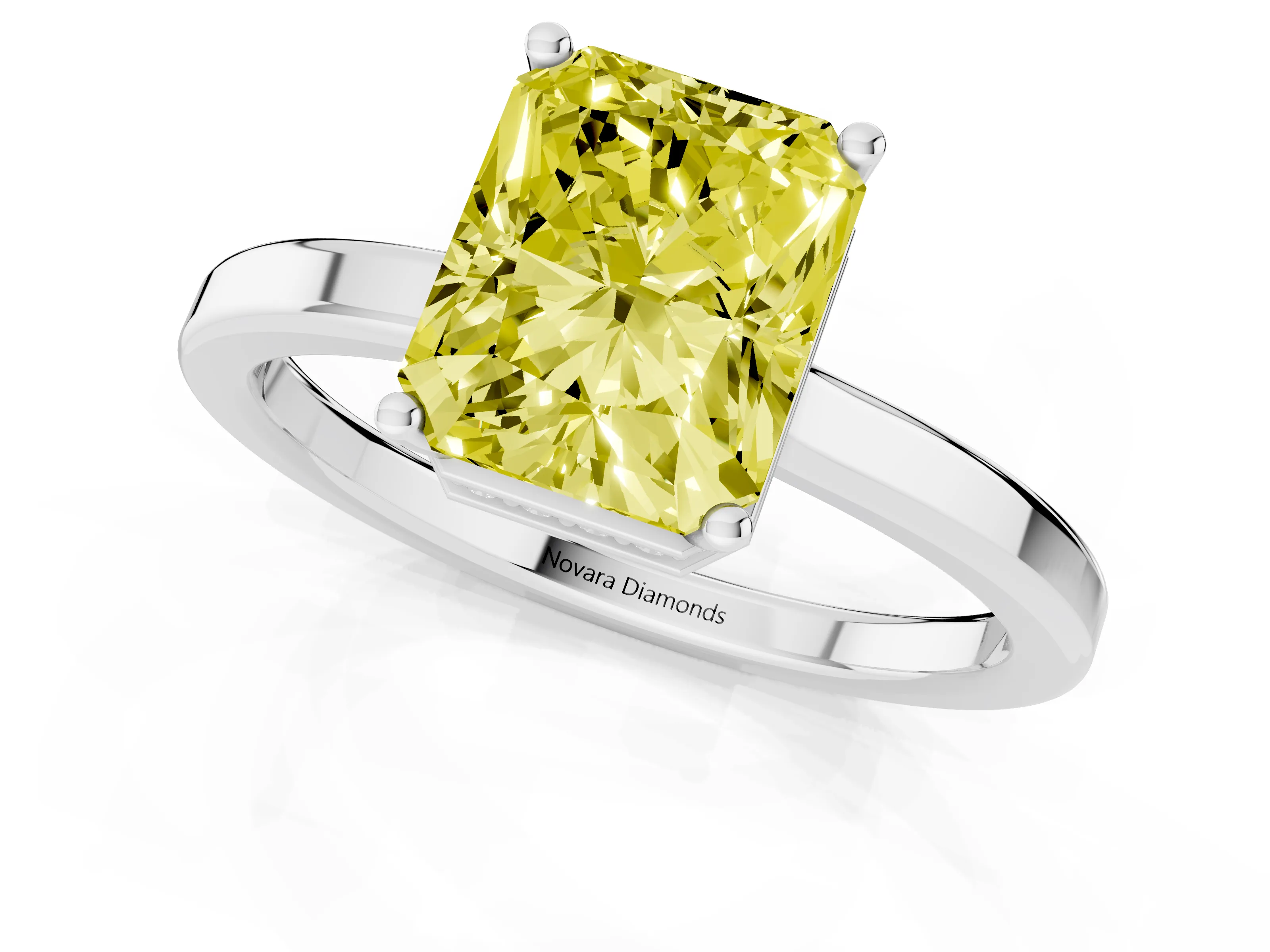 Fancy Yellow Radiant Cut Diamond Solitaire Engagement Ring Set in Platinum with Prong Setting on a Plain Band – second view