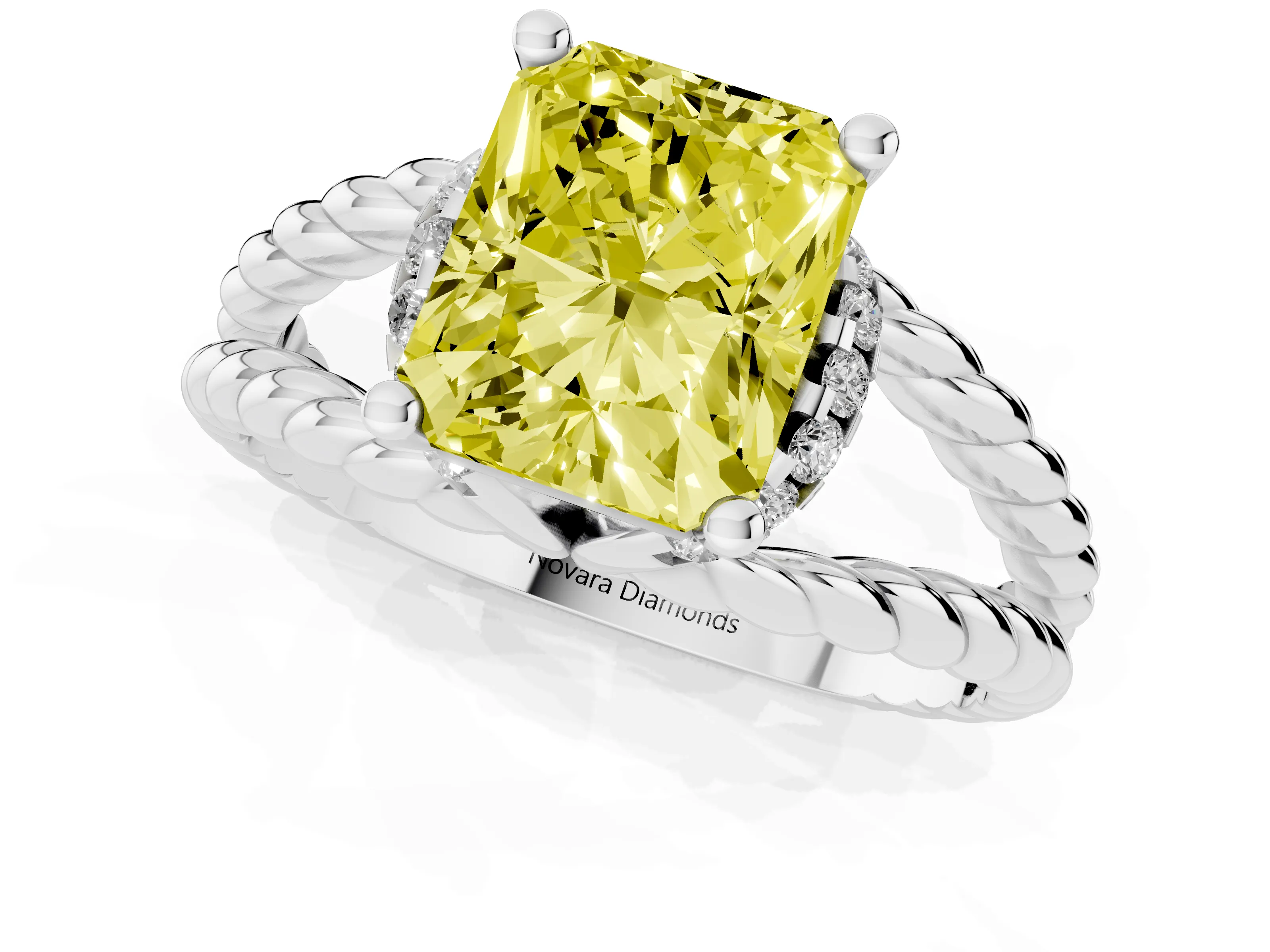 Fancy Yellow Radiant Cut Diamond Halo Ring Set in White gold with Twisted Band and Prong Setting
