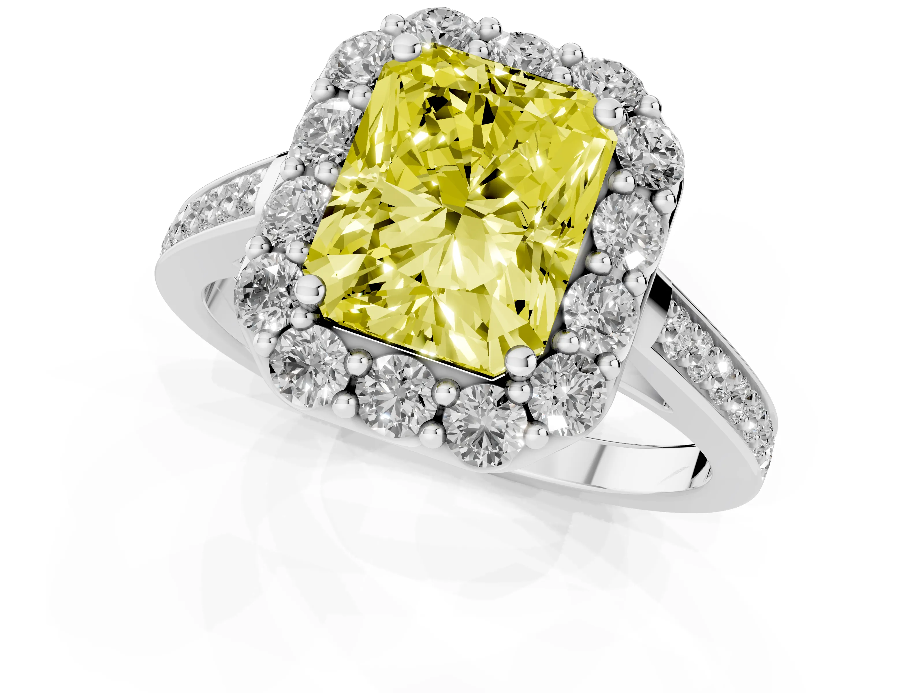 Fancy Yellow Radiant Cut Diamond Floral Halo Ring Set in Platinum with Pavé Band and Prong Setting