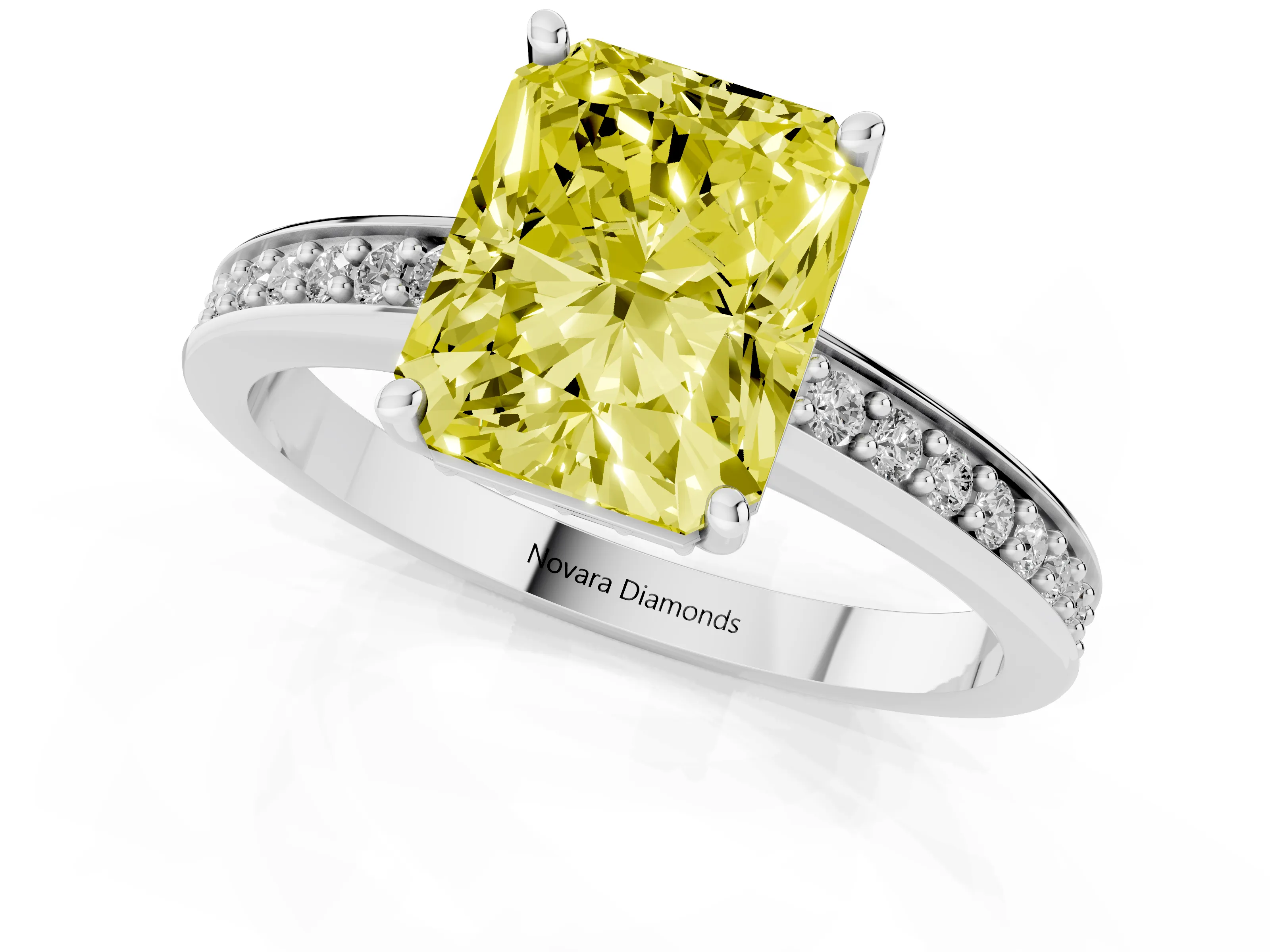 Fancy Yellow Radiant Cut Diamond Pavé Band Prong Set Solitaire Ring Set in Platinum