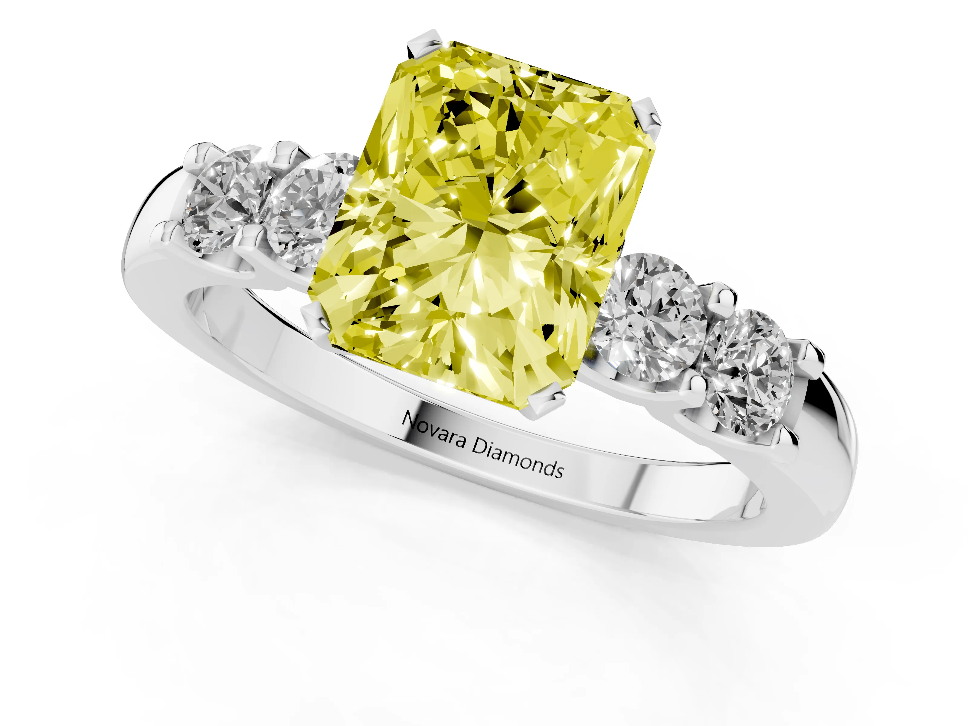 Fancy Yellow Radiant Cut Diamond Five-Stone Prong Set Engagement Ring Set in White gold with Channel Band
