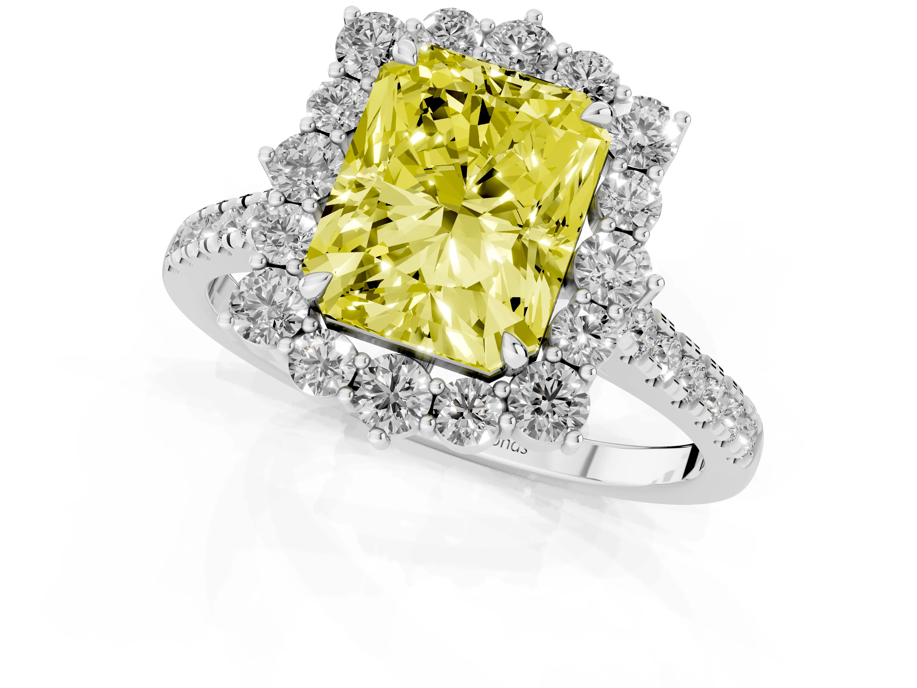 Fancy Yellow Radiant Cut Diamond Halo Ring Set in Platinum with Pavé Band and Prong Setting