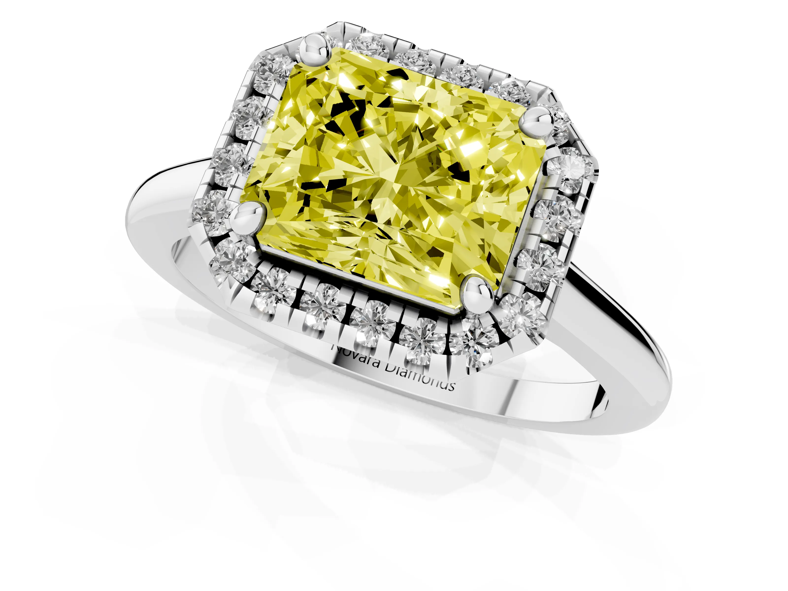 Fancy Yellow Radiant Cut Diamond Halo Engagement Ring Set in White gold with Pavé Band and Rising Shoulders