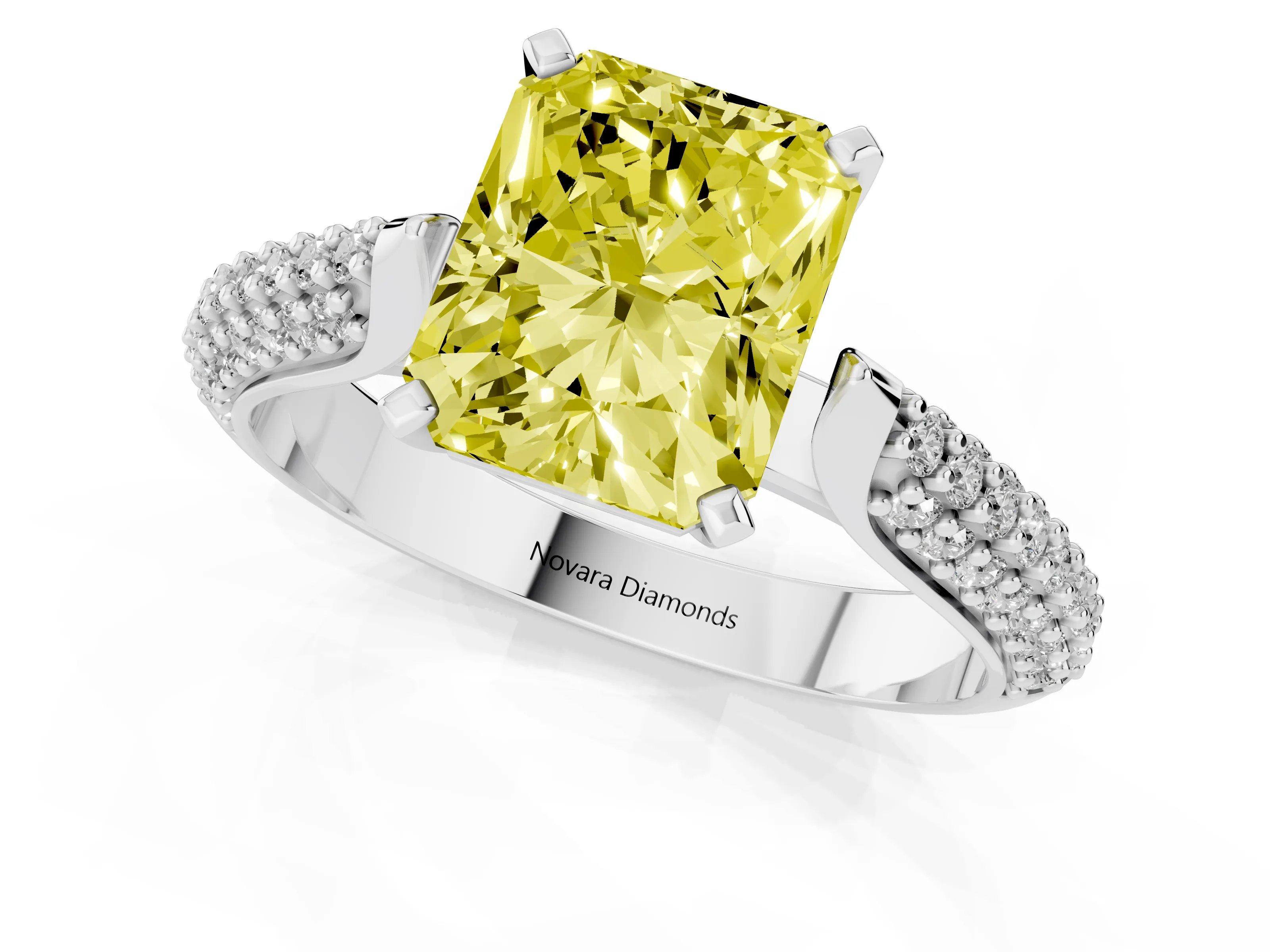 Fancy Yellow Radiant Cut Diamond Solitaire Engagement Ring Set in Platinum with Multi-Row Round Pavé Band and Prong Setting