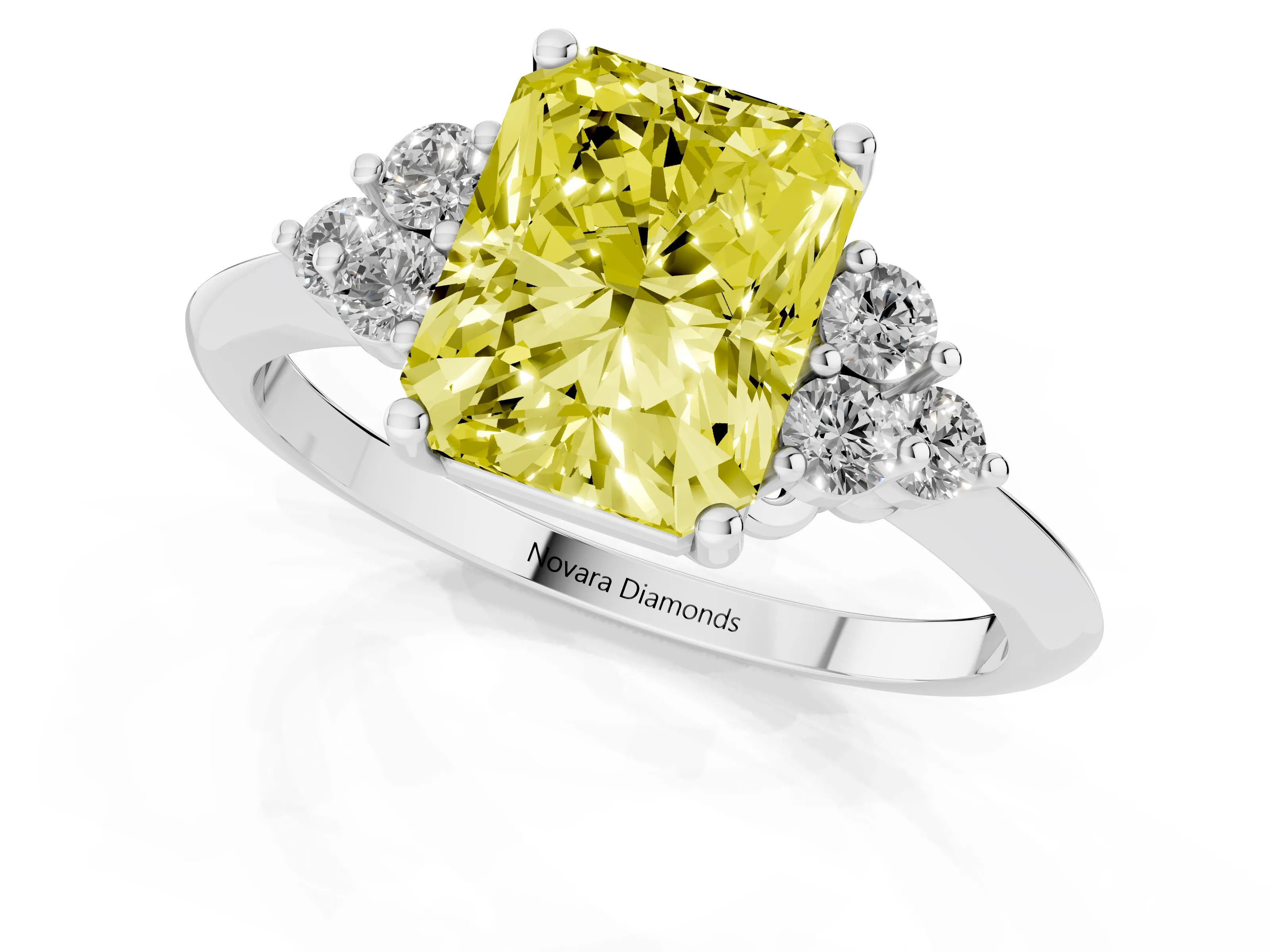 Fancy Yellow Radiant Cut Diamond Cluster Ring Set in White gold with Plain Band and Prong Setting