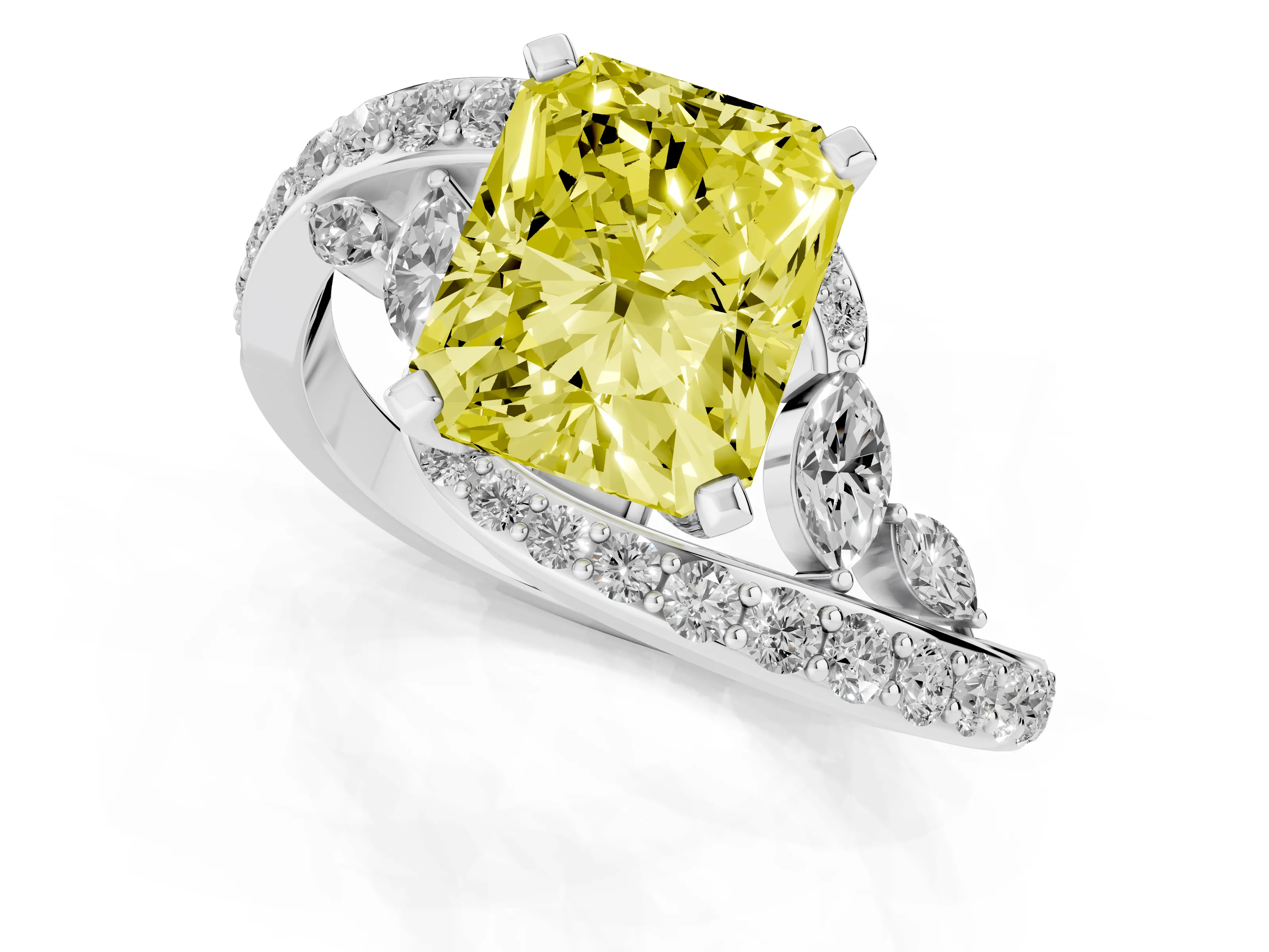 Fancy Yellow Radiant Cut Diamond Solitaire Ring Set in Silver with Pavé Twist Band and Secure Prong Setting