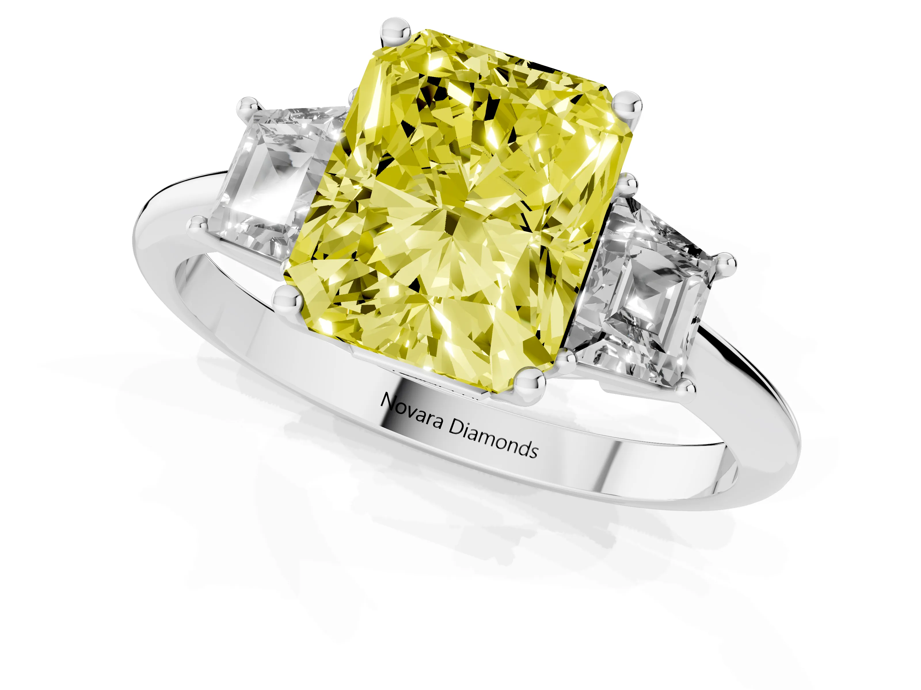 Fancy Yellow Radiant Cut Diamond Three-Stone Ring Set in Silver with Trapezoid Side Stones and Prong Setting