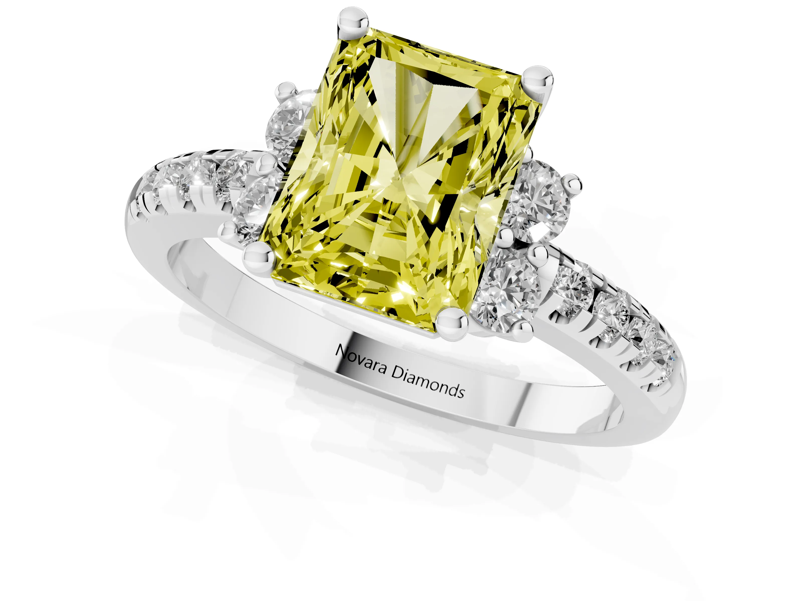 Fancy Yellow Radiant Cut Diamond Three-Stone Pavé Ring Set in Silver with Prong Setting