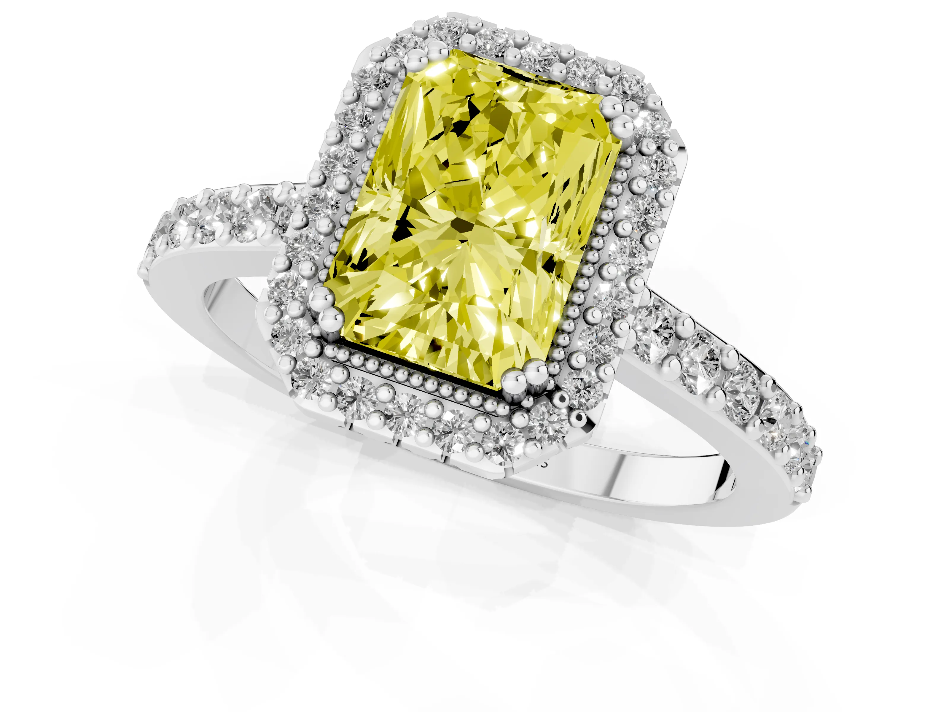 Fancy Yellow Radiant Cut Diamond Halo Engagement Ring Set in Silver with Milgrain Detail and Pavé Band