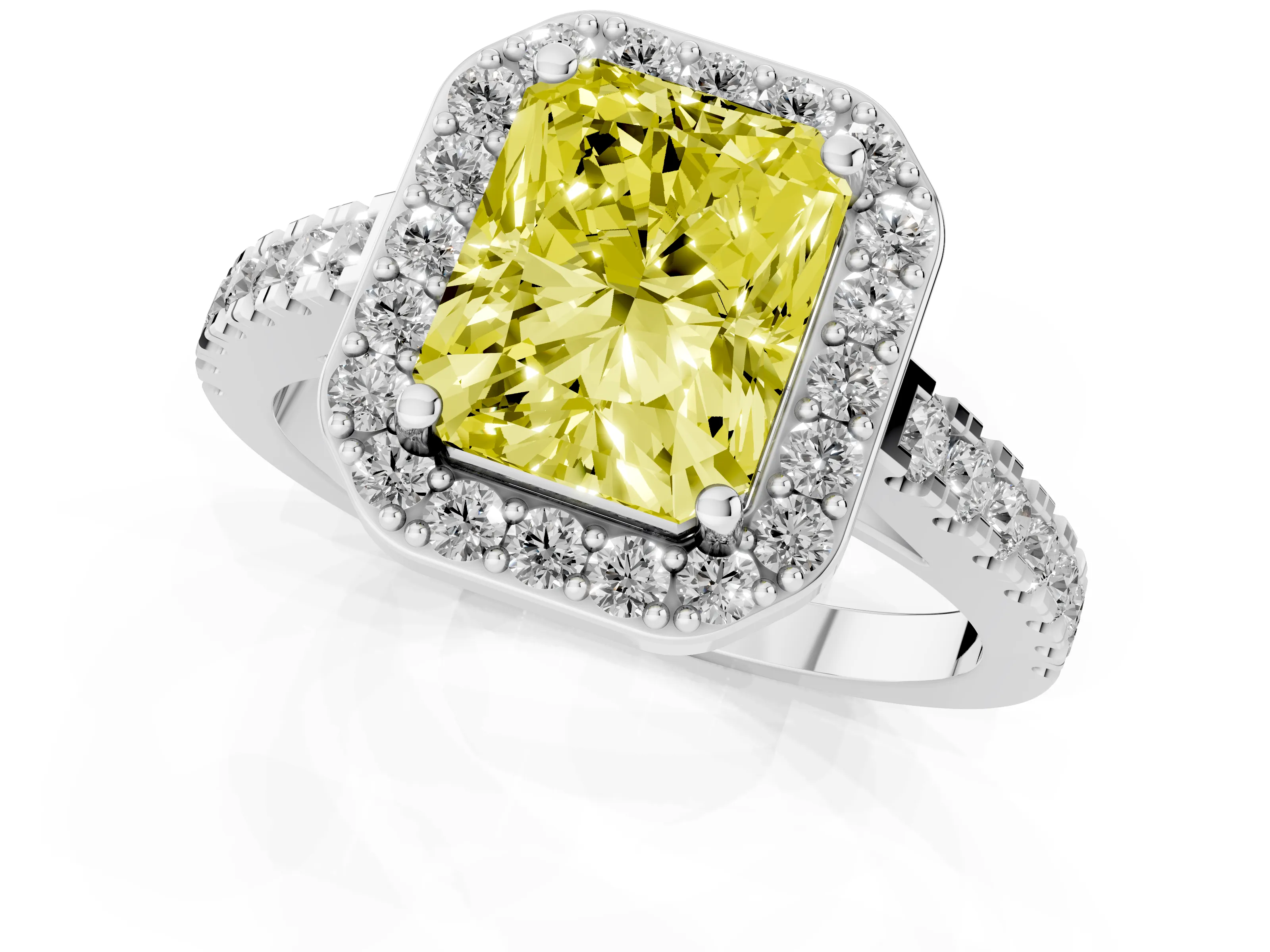 Fancy Yellow Radiant Cut Diamond Halo Ring Set in White gold with Round Pavé Split Shank and Prong Setting