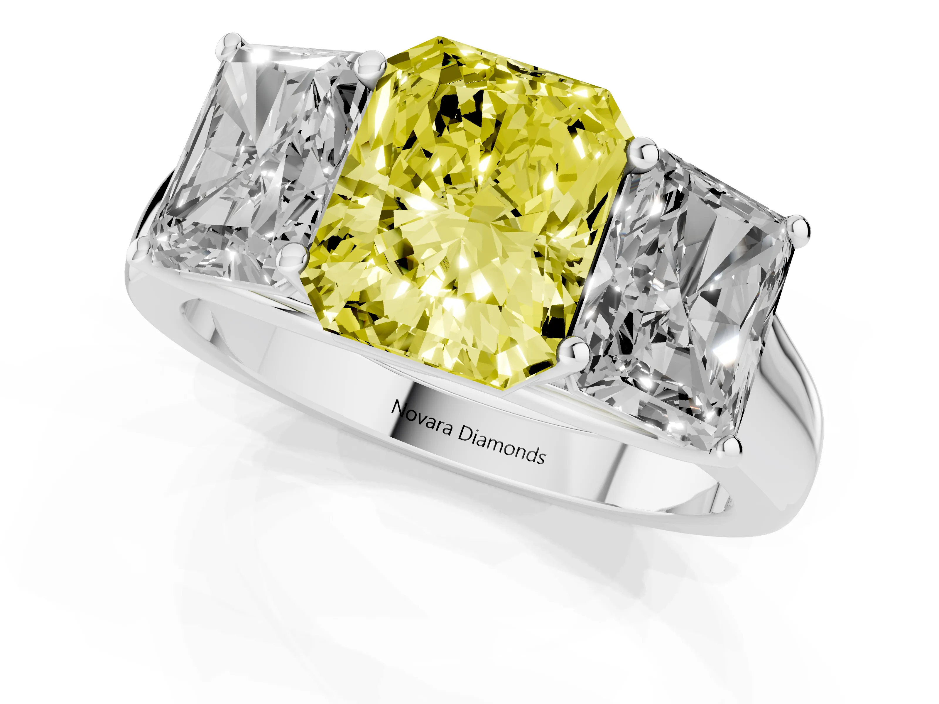 Fancy Yellow Radiant Cut Diamond Three-Stone Ring Set in White gold with Plain Polished Band