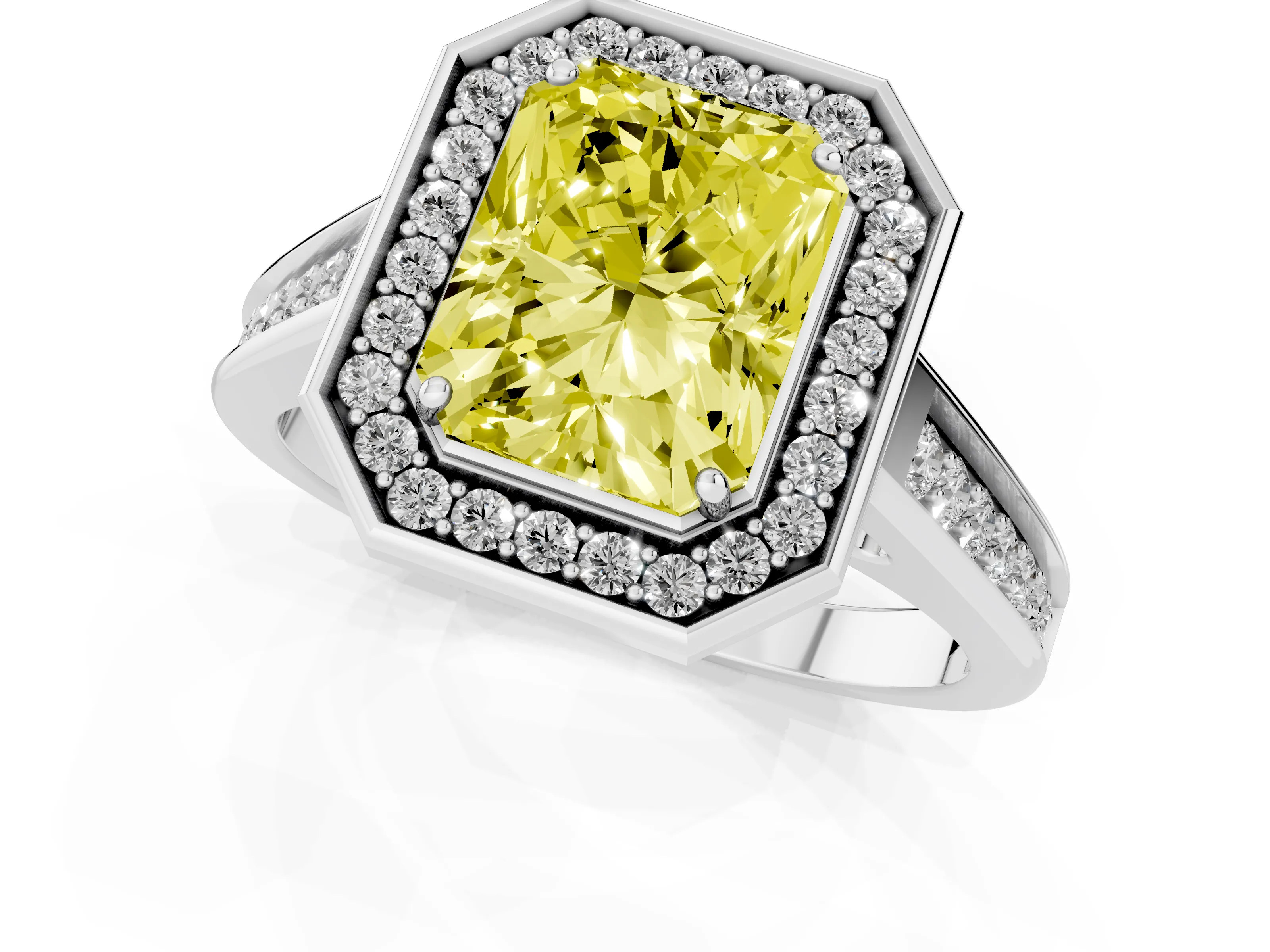 Fancy Yellow Radiant Cut Diamond Halo Solitaire Ring Set in Silver with Pavé Band and Bezel Setting