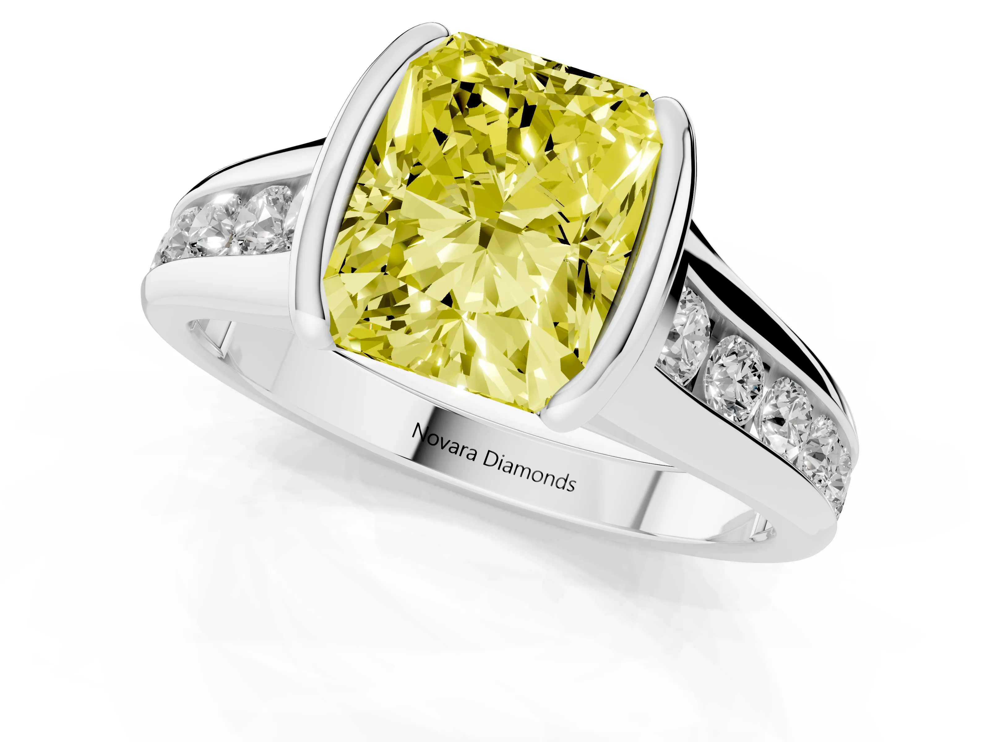 Fancy Yellow Radiant Cut Diamond Bezel-Set Solitaire Ring Set in White gold with Channel-Set Band