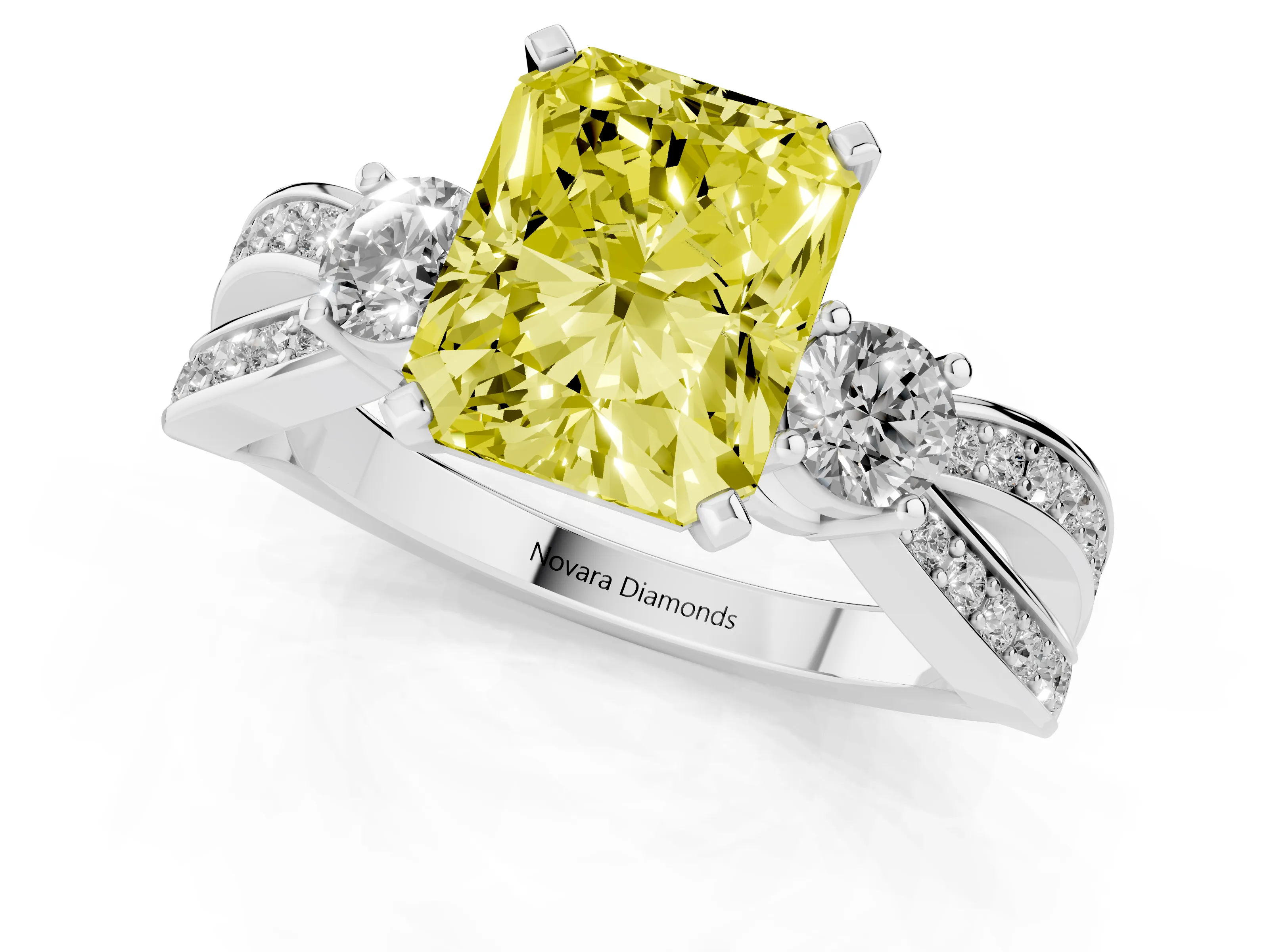 Fancy Yellow Three-Stone Radiant Cut Diamond Twist Band Ring Set in Platinum with Pavé Accents and Prong Setting