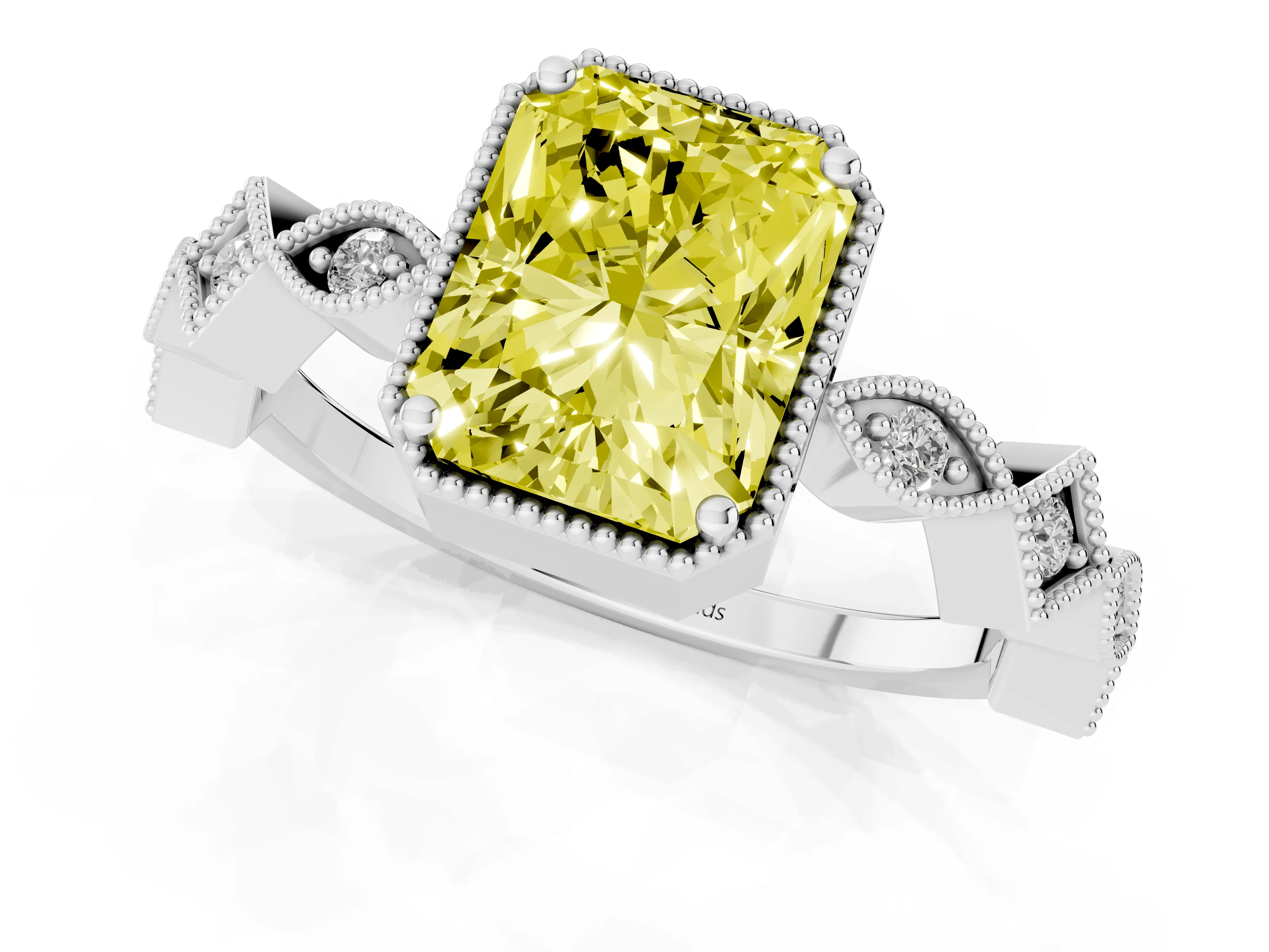 Fancy Yellow Radiant Cut Diamond Milgrain Marquise Twist Band Ring Set in Silver with Prong Setting