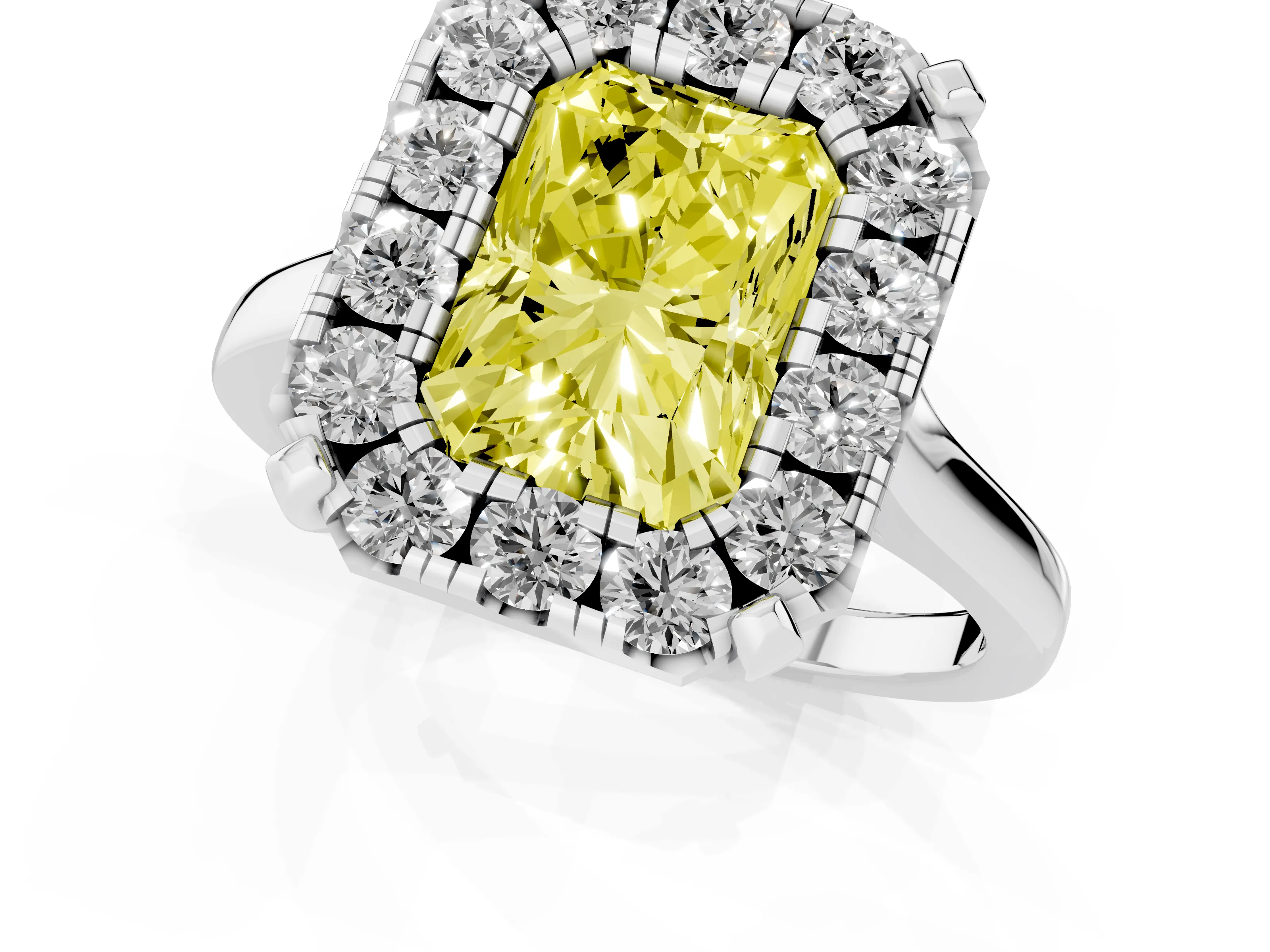 Fancy Yellow Radiant Cut Diamond Cluster Halo Solitaire Ring Set in White gold with Prong Setting
