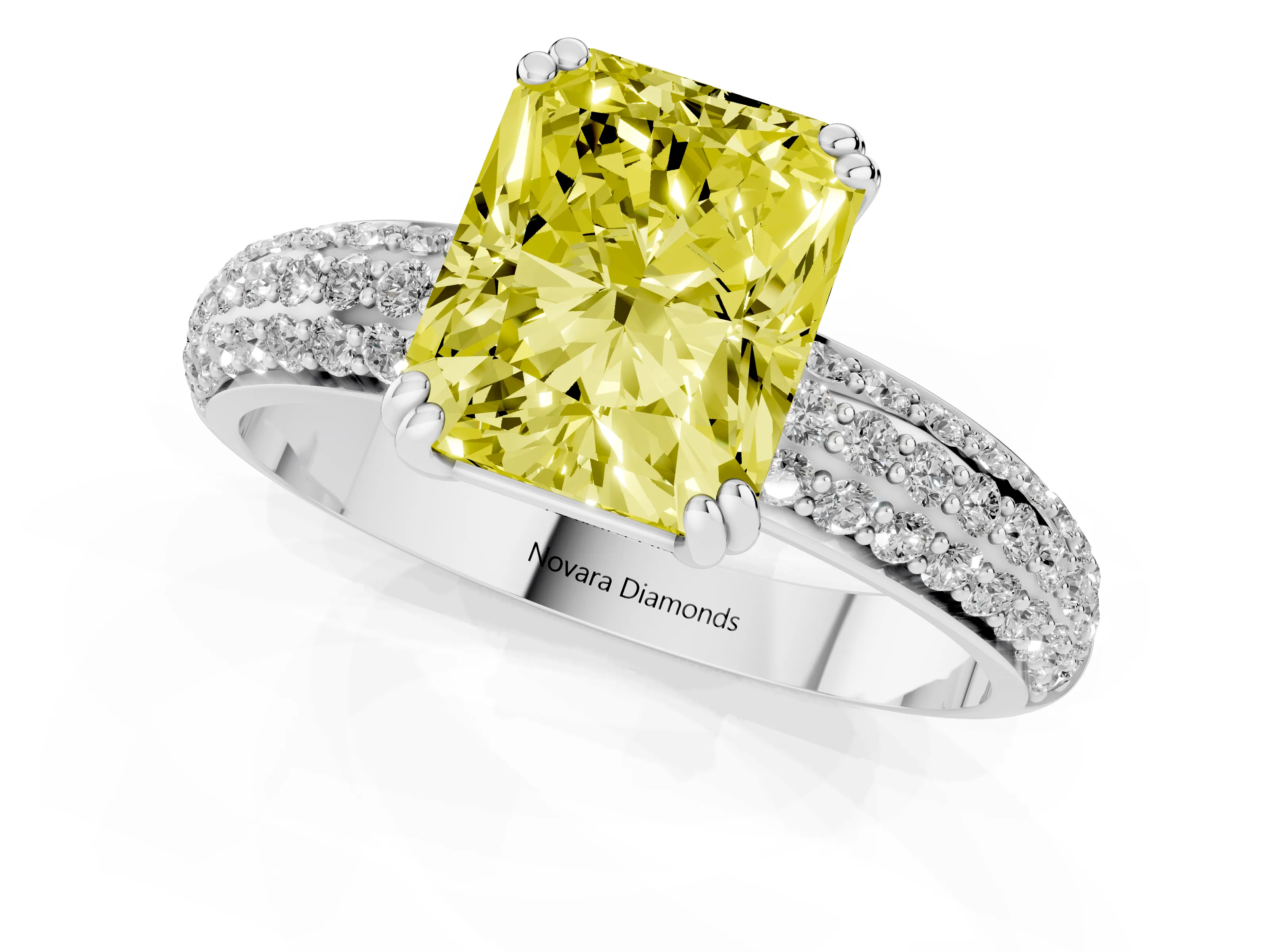 Fancy Yellow Radiant Cut Diamond Solitaire Ring Set in Platinum with Multi-Row Round Pavé Band and Prong Setting