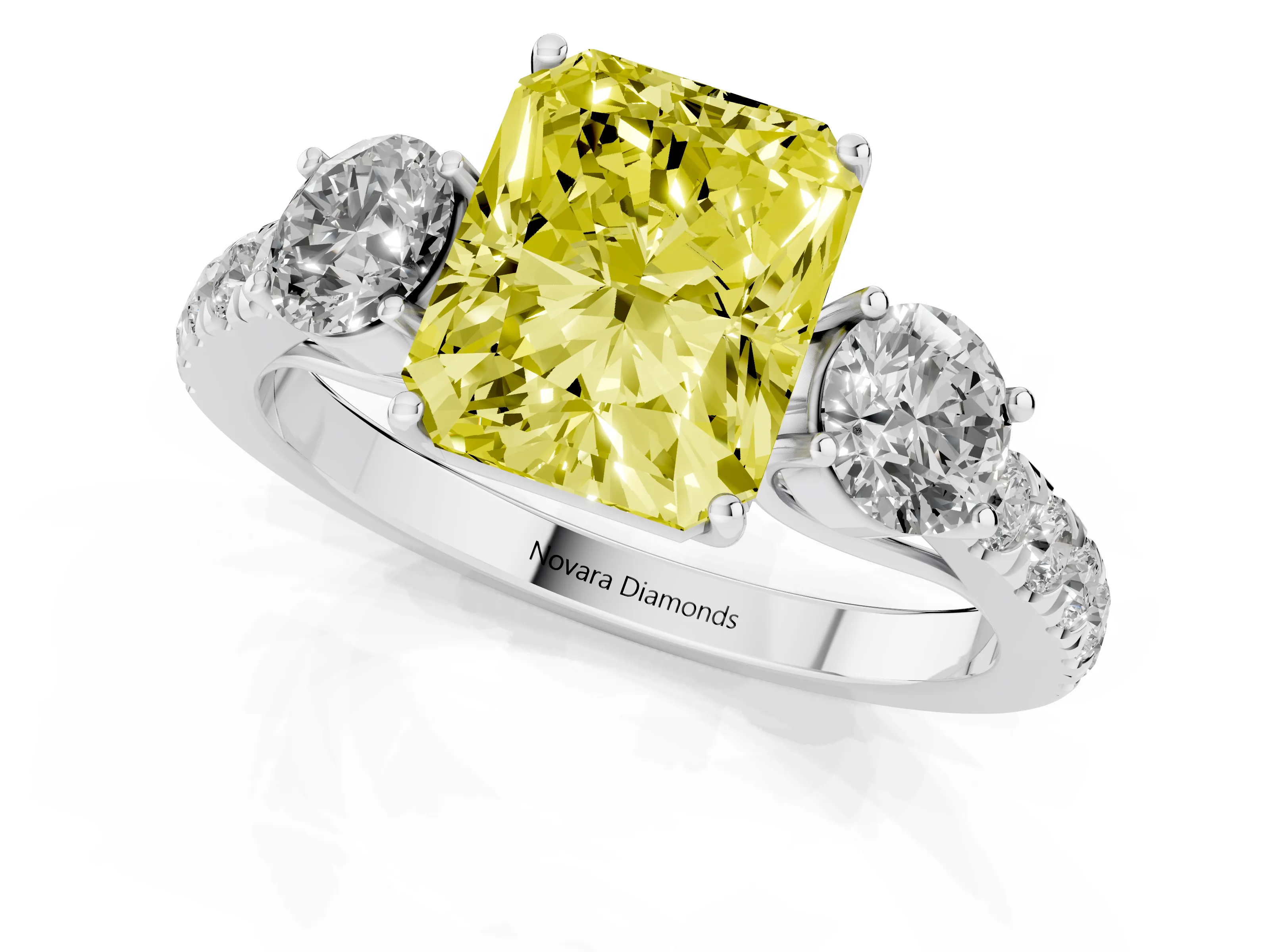 Fancy Yellow Radiant Cut Diamond Three-Stone Ring Set in Silver with Round Side Stones and Delicate Pavé Band