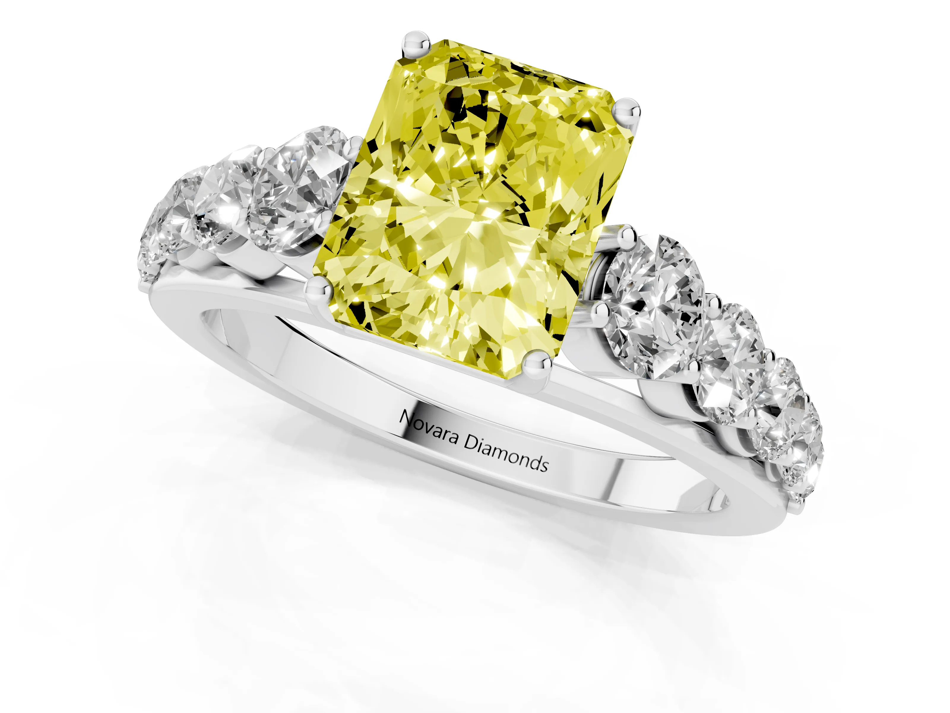 Fancy Yellow Radiant Cut Diamond Solitaire Ring Set in Platinum with Pavé-Set Band and Prong Setting