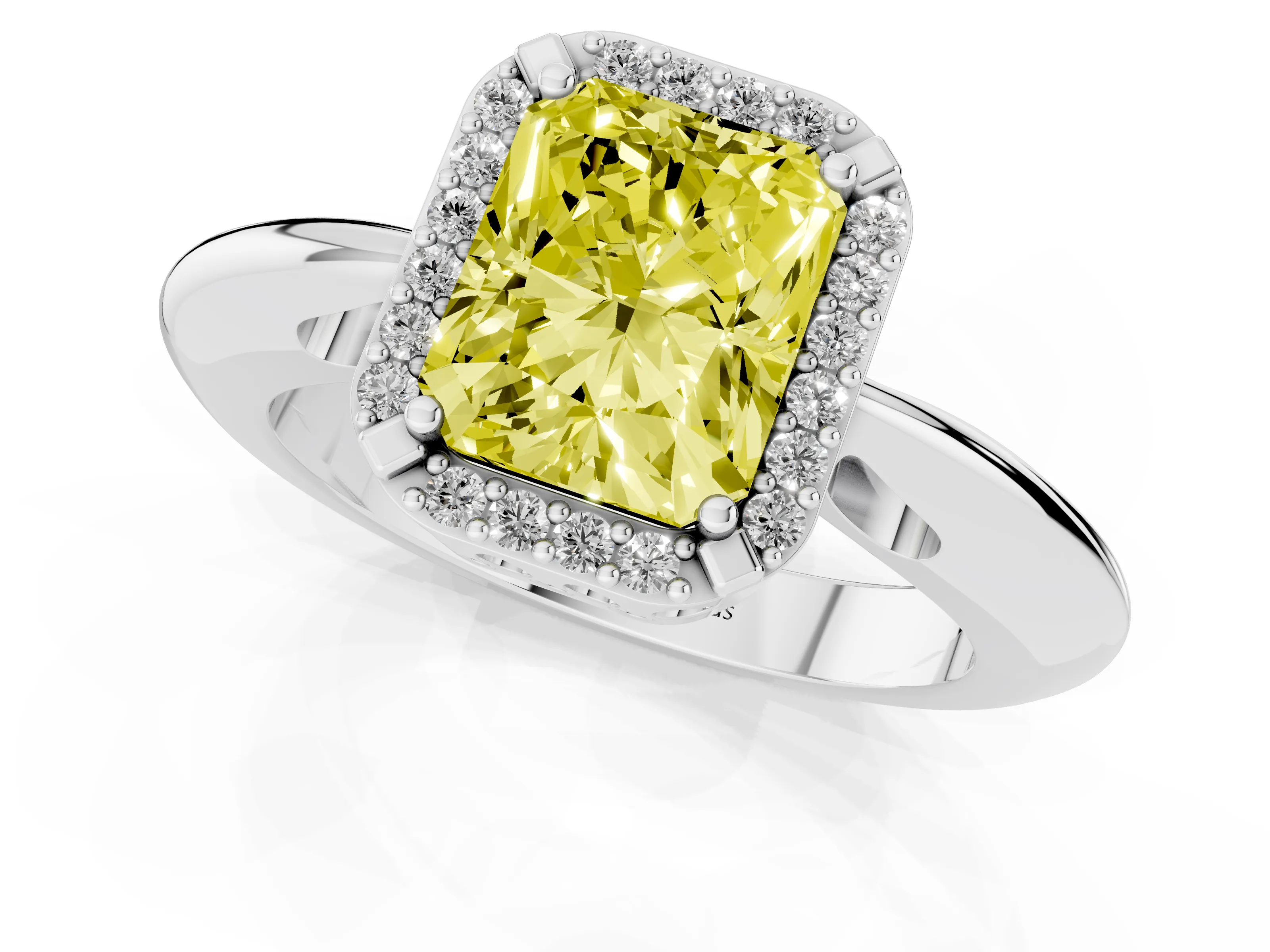 Fancy Yellow Radiant Cut Diamond Halo Engagement Ring Set in Platinum with Plain Split Shank and Prong Setting
