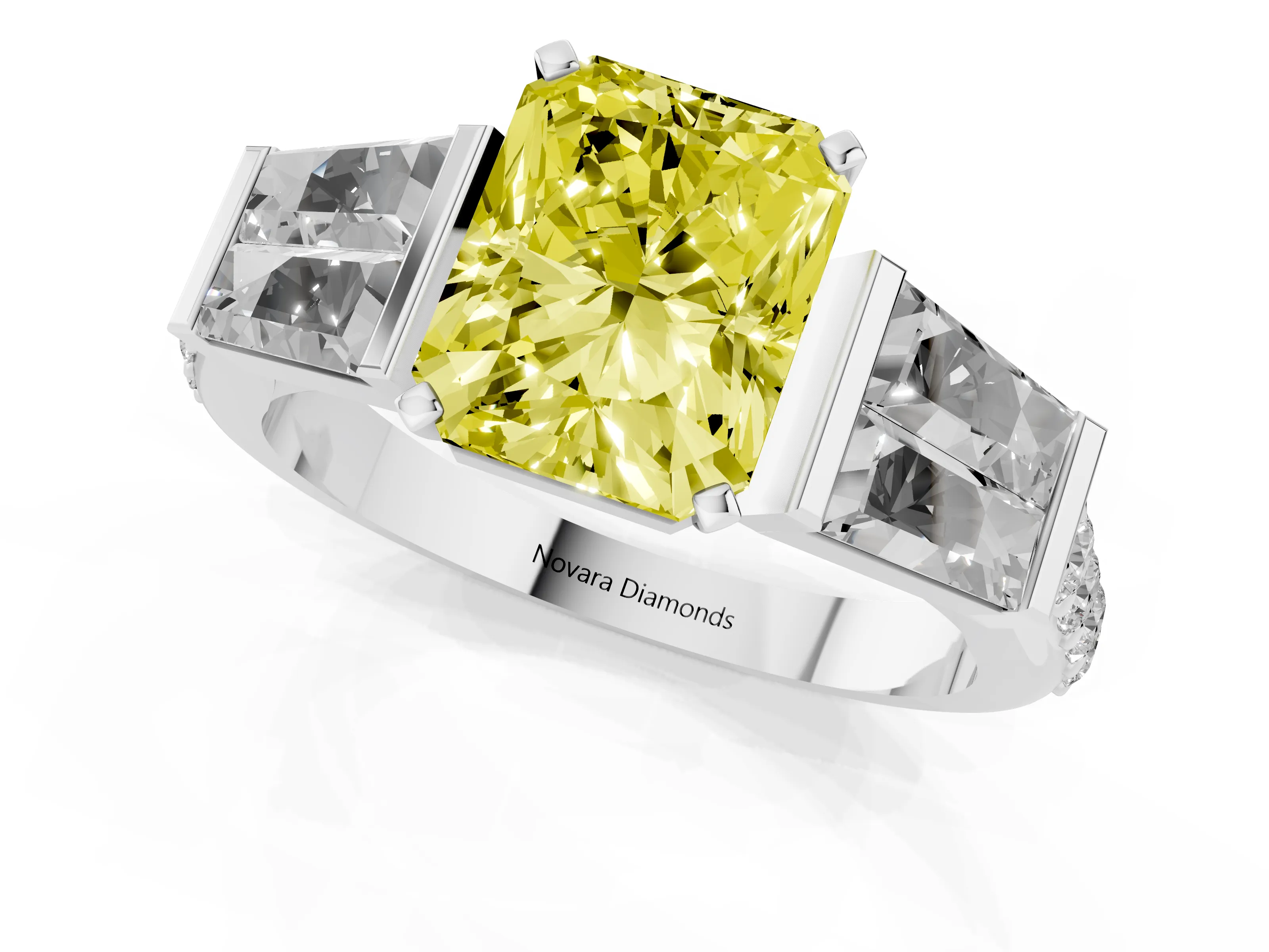 Fancy Yellow Radiant Cut Diamond Engagement Ring Set in Silver with Baguette Side Stones and Channel Set Band