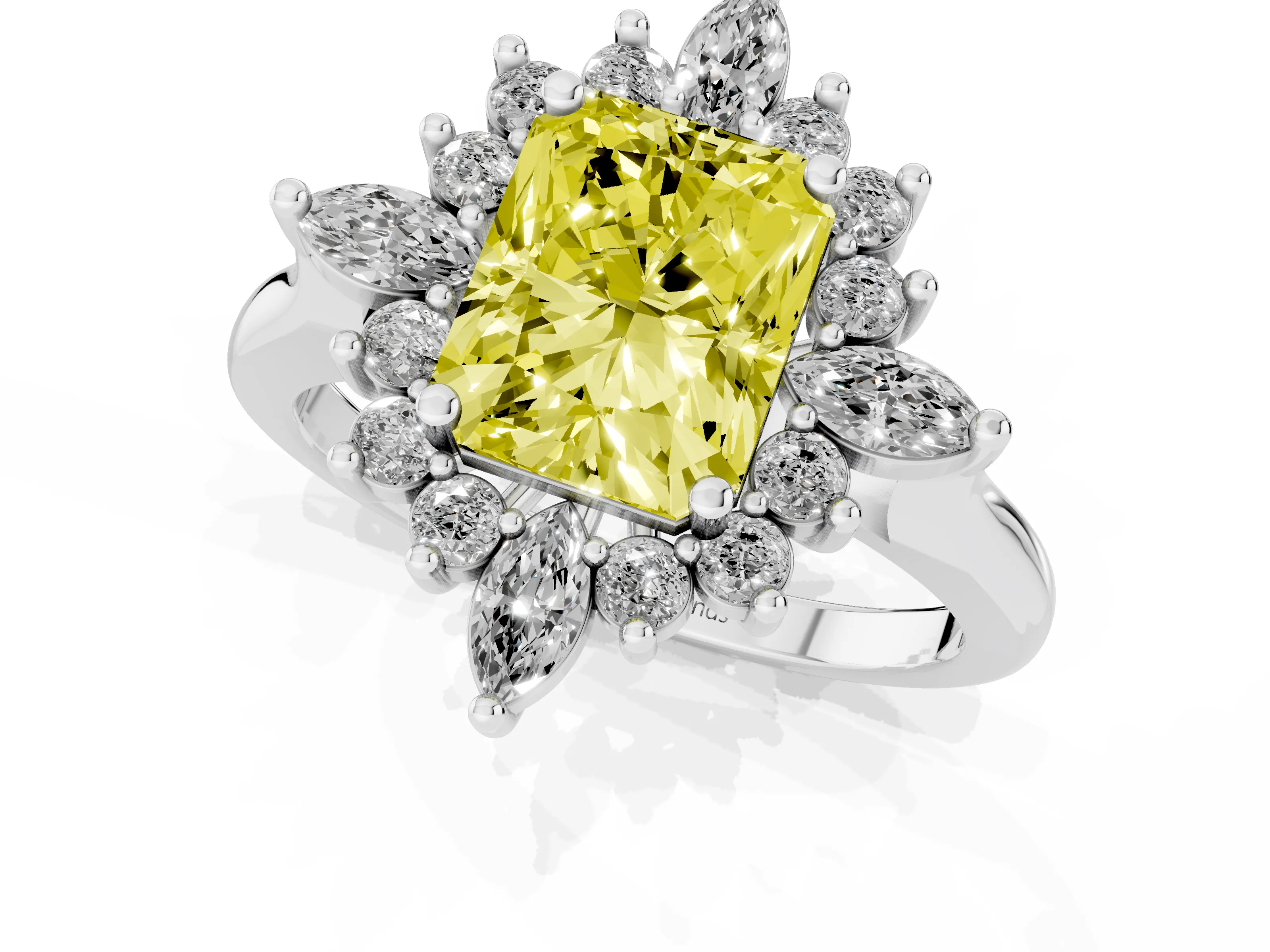 Fancy Yellow Radiant Cut Diamond Cluster Halo Ring Set in Platinum with Marquise and Round Accents