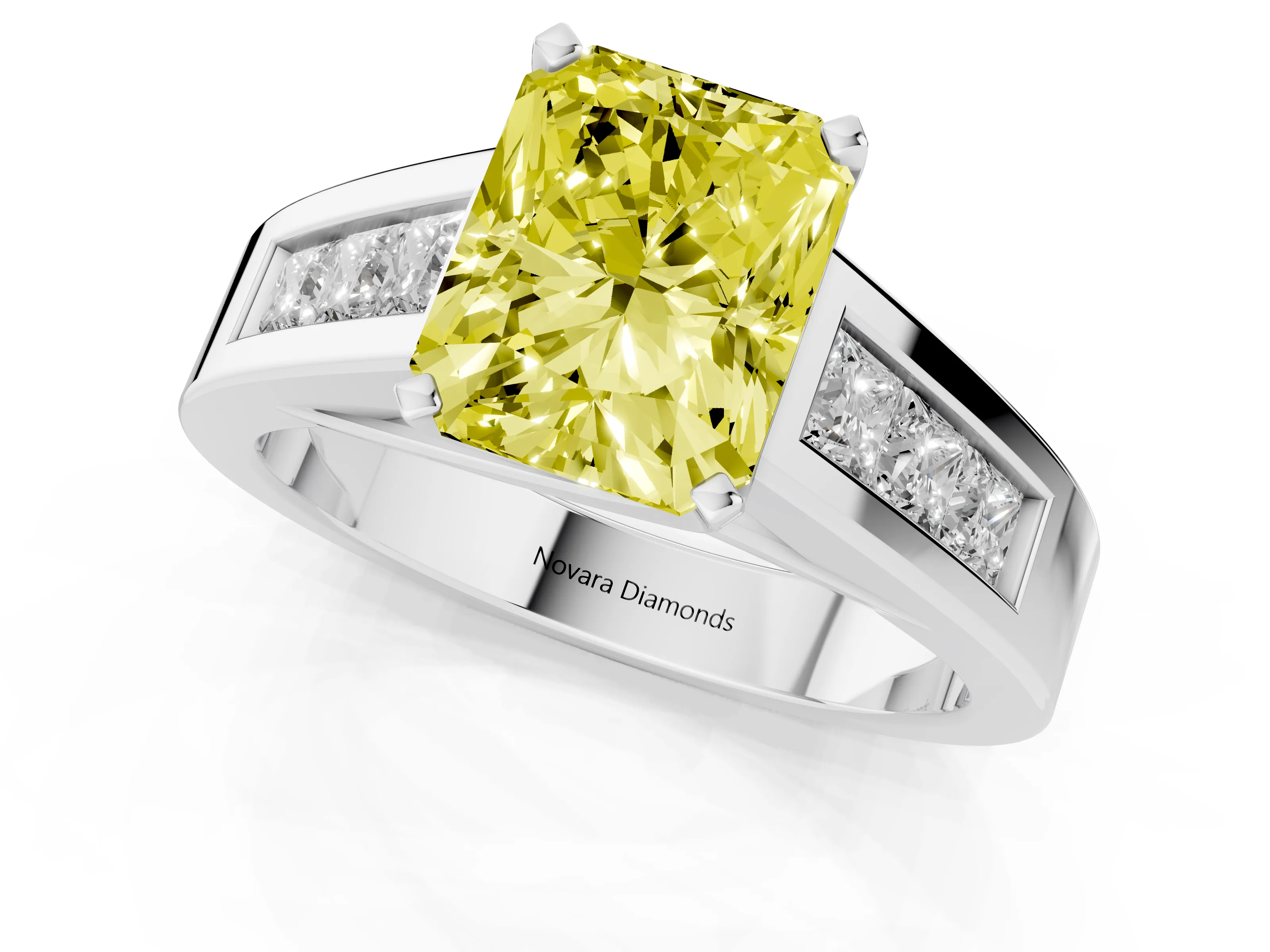 Fancy Yellow Radiant Cut Diamond Solitaire Ring Set in Silver with Channel-Set Accent Stones and Prong Setting