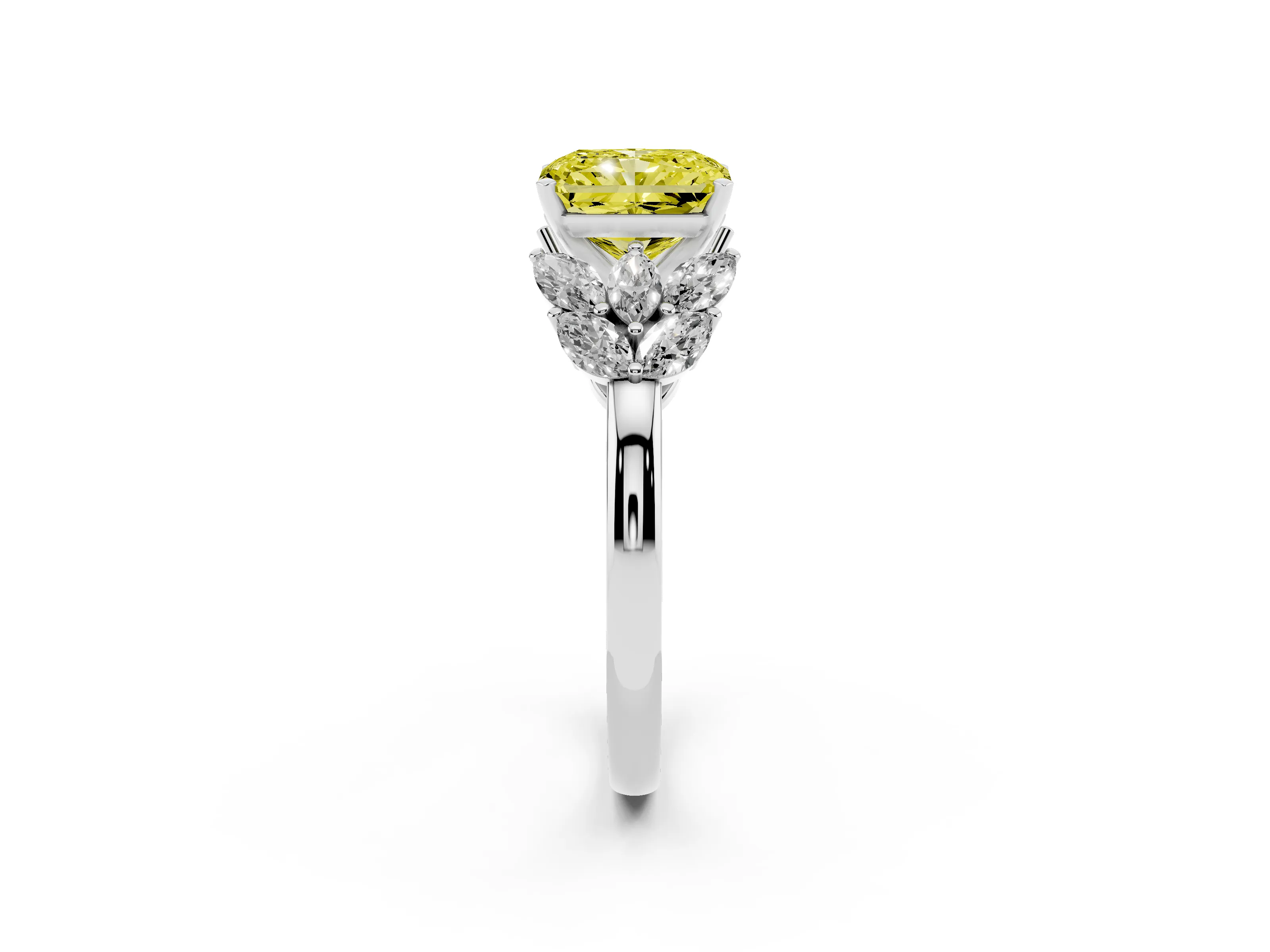 Fancy Yellow Radiant Cut Diamond Cluster Leaf Design Ring Set in White gold with Prong Setting