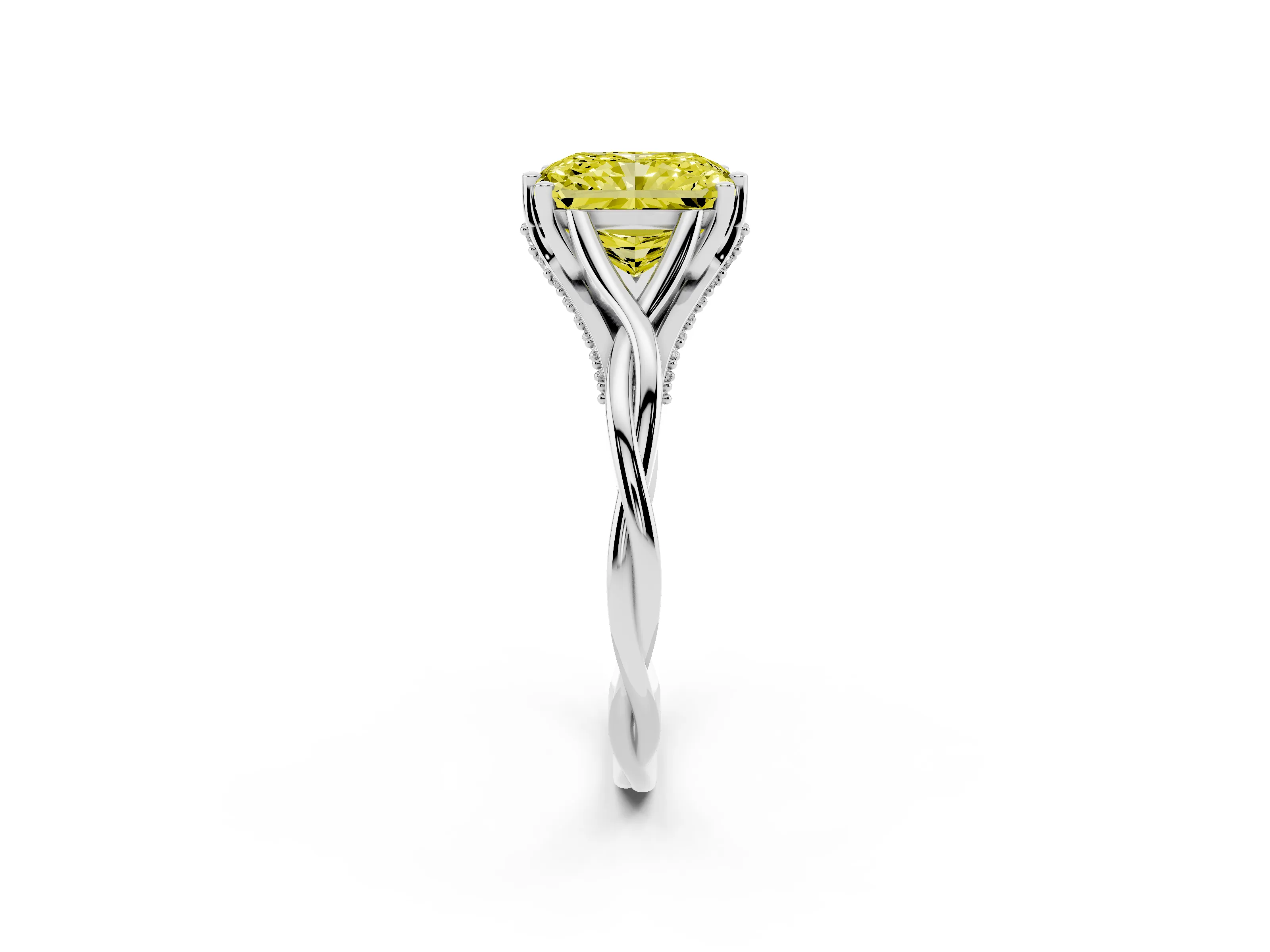 Fancy Yellow Radiant Cut Diamond Intertwined Twist Band Solitaire Ring Set in White gold with Prong Setting