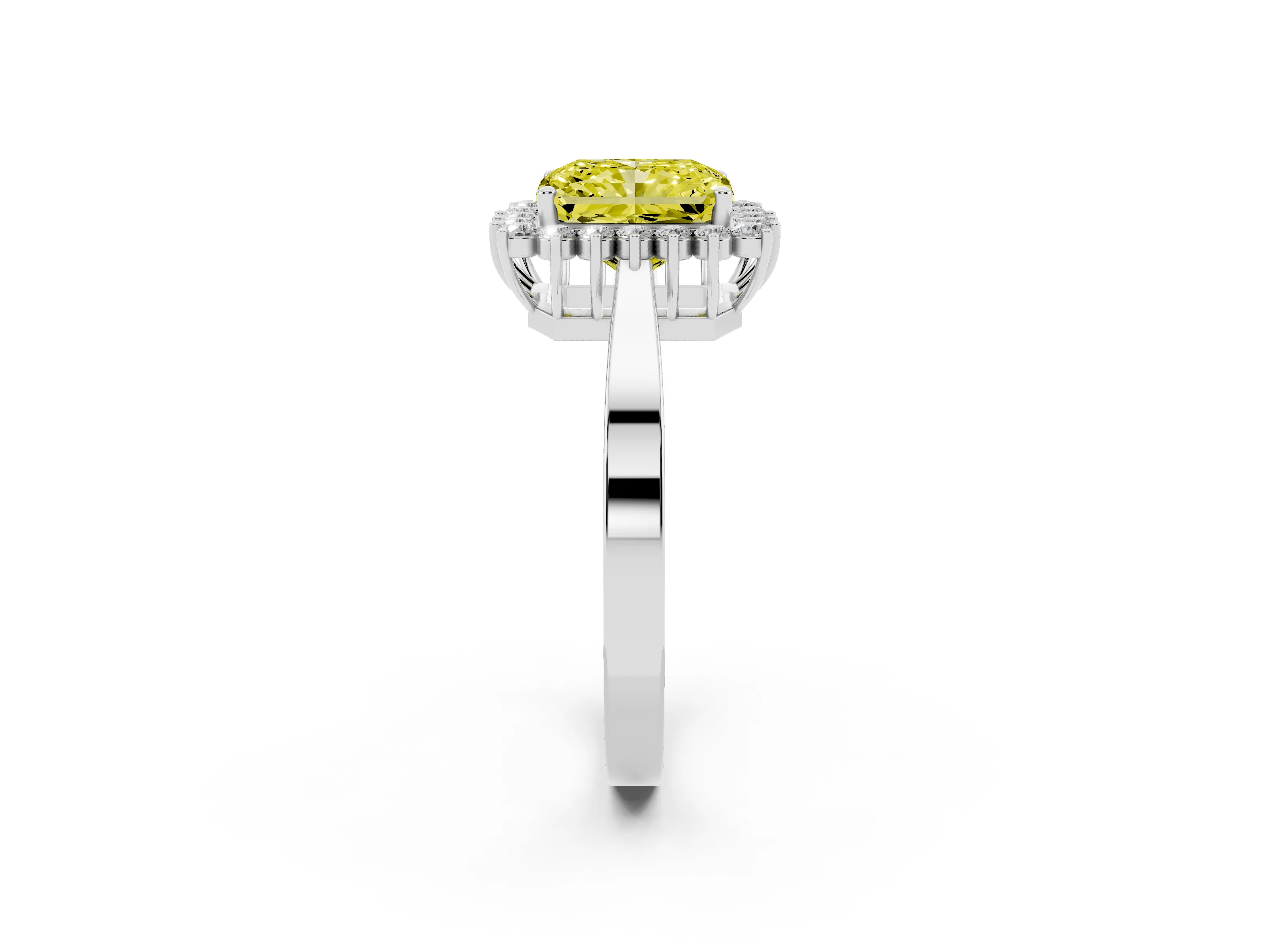 Fancy Yellow Radiant Cut Diamond Halo Ring Set in White gold with Round Halo and Smooth Solitaire Band
