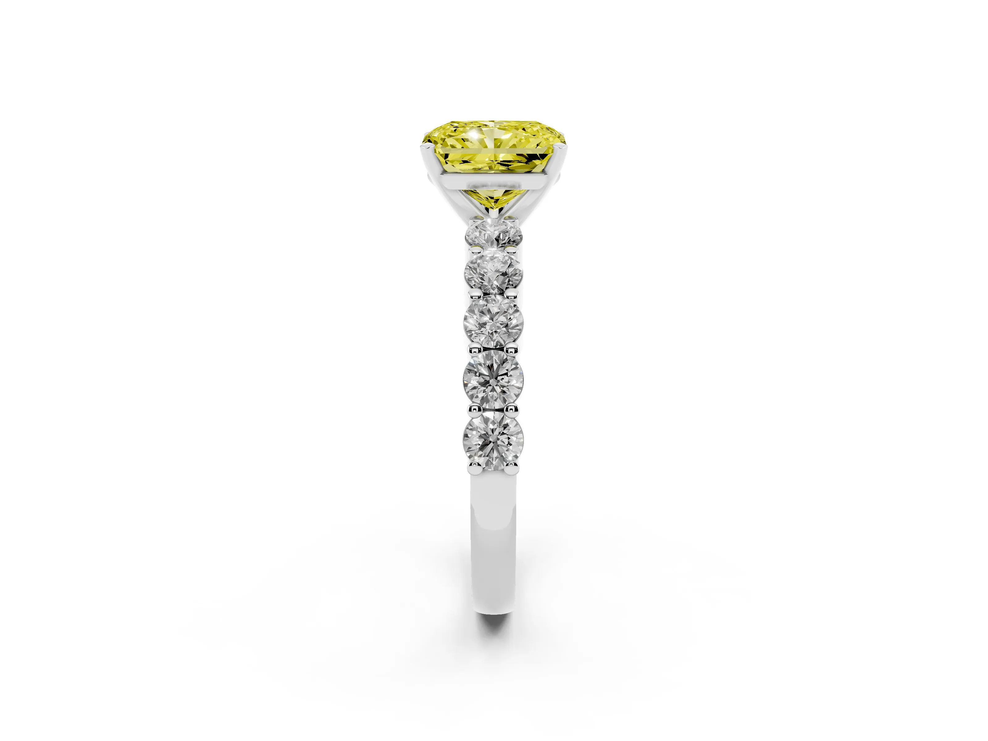 Fancy Yellow Radiant Cut Diamond Solitaire Ring Set in Platinum with Shared Prong Round Side Stones