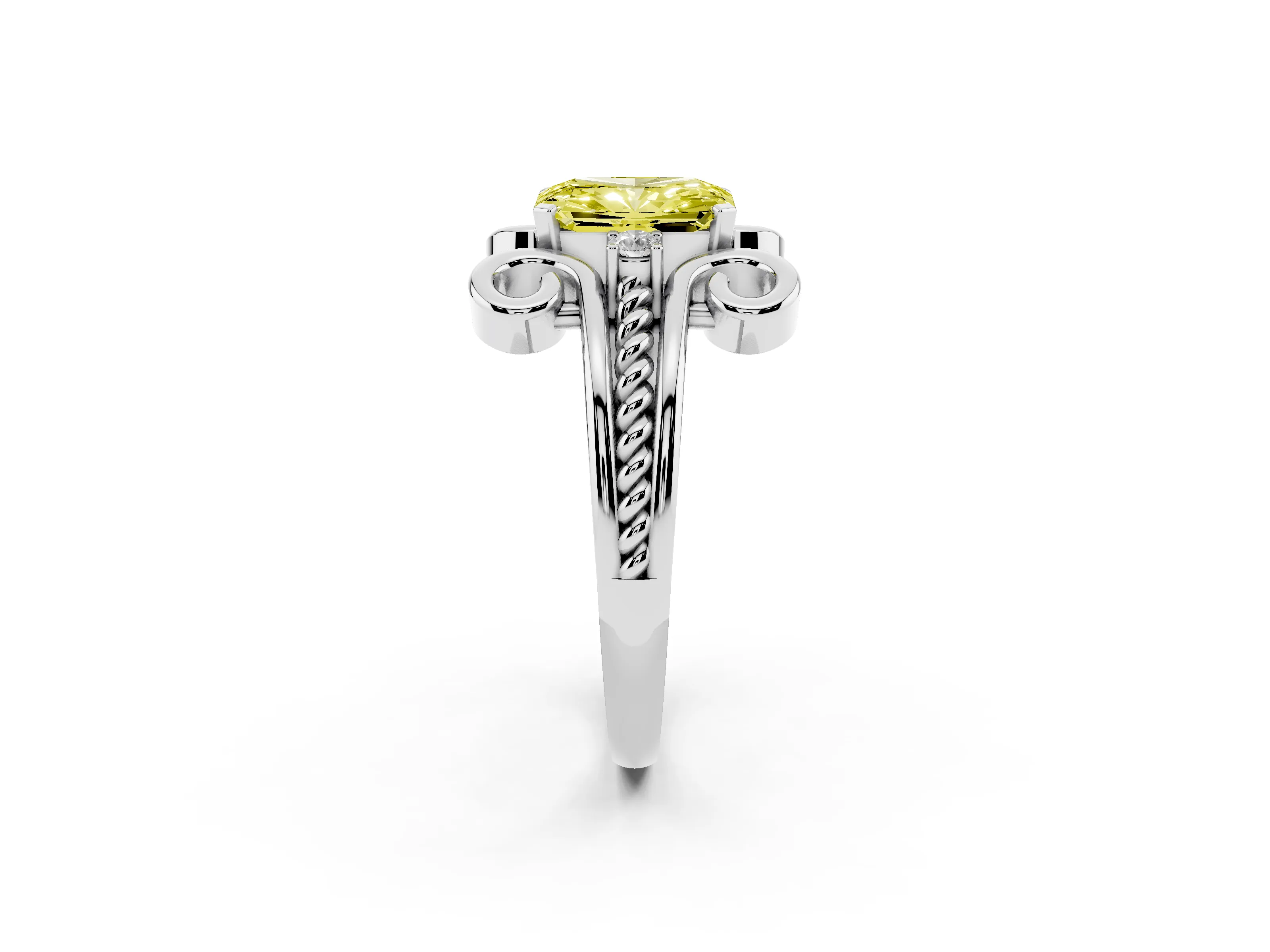 Fancy Yellow Radiant Cut Diamond Twisted Band Solitaire Ring Set in Platinum with Scroll Prongs