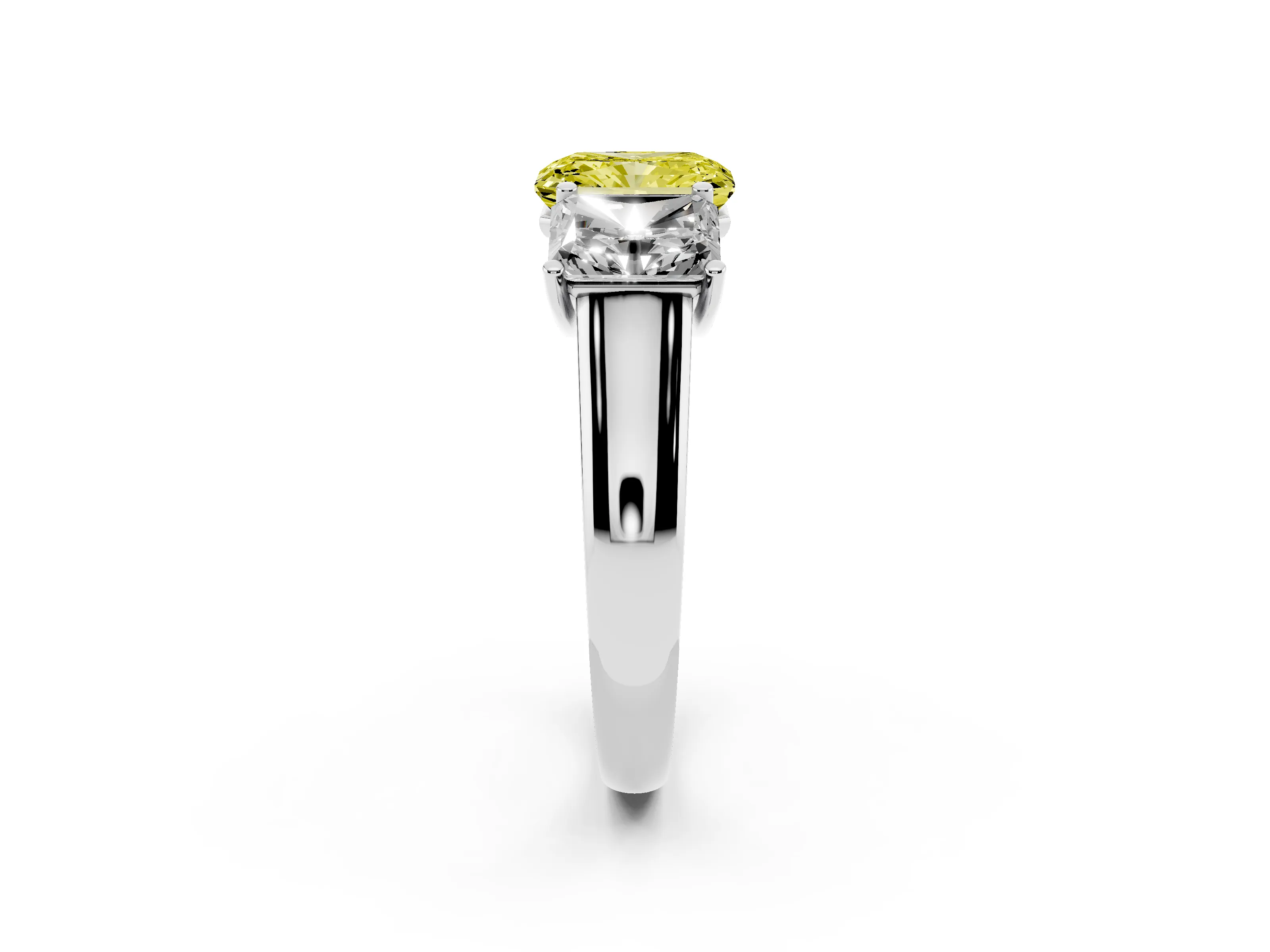 Fancy Yellow Radiant Cut Diamond Three-Stone Ring Set in White gold with Plain Polished Band