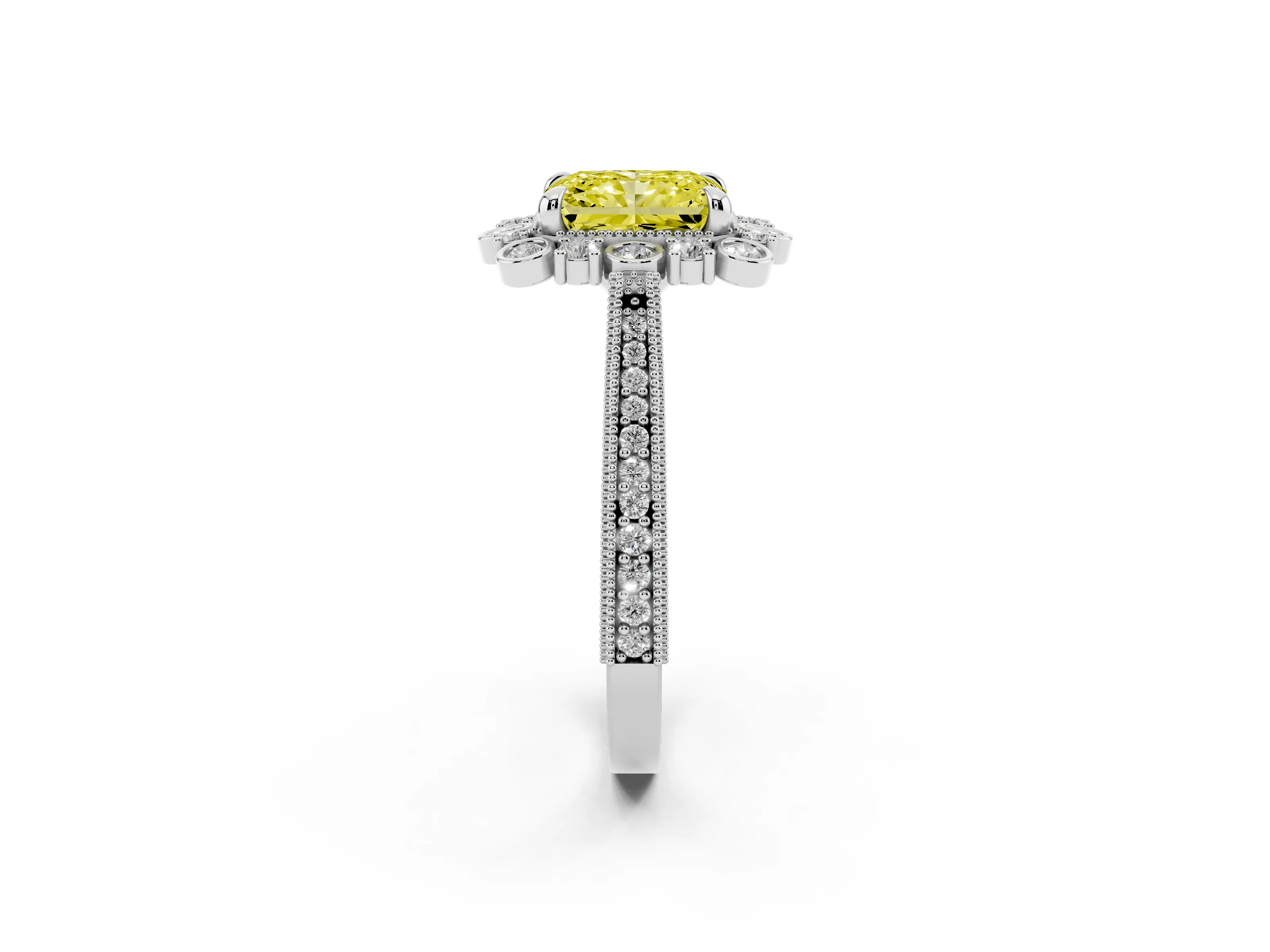 Fancy Yellow Radiant Cut Diamond Halo Milgrain Pavé Ring Set in Platinum with Prong Setting