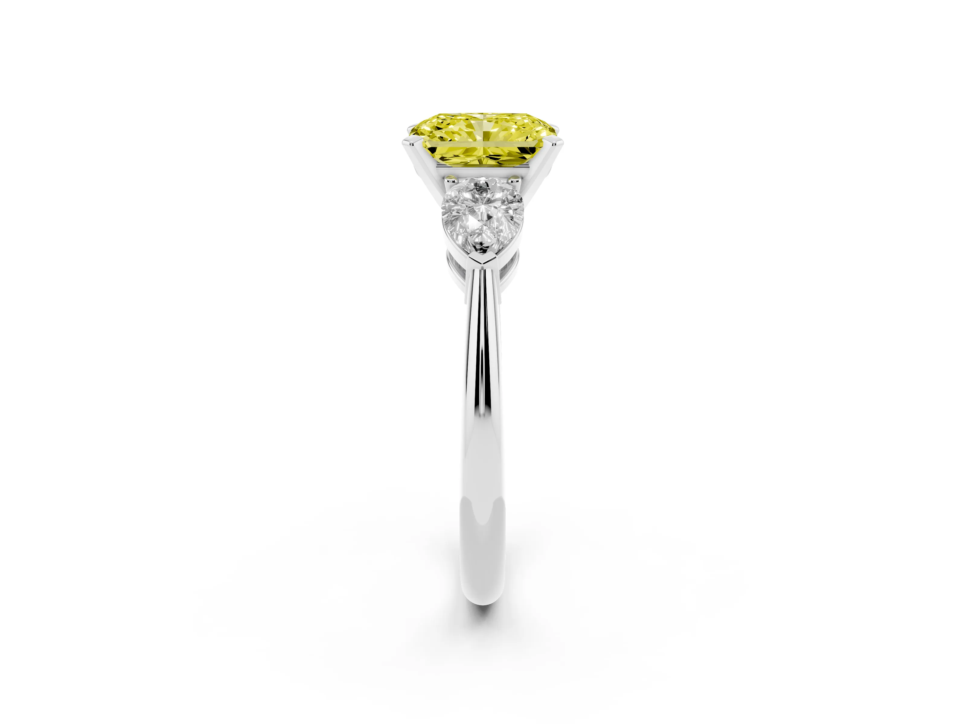Fancy Yellow Three-Stone Radiant Cut Diamond Ring Set in Platinum with Pear Side Stones and Prong Setting