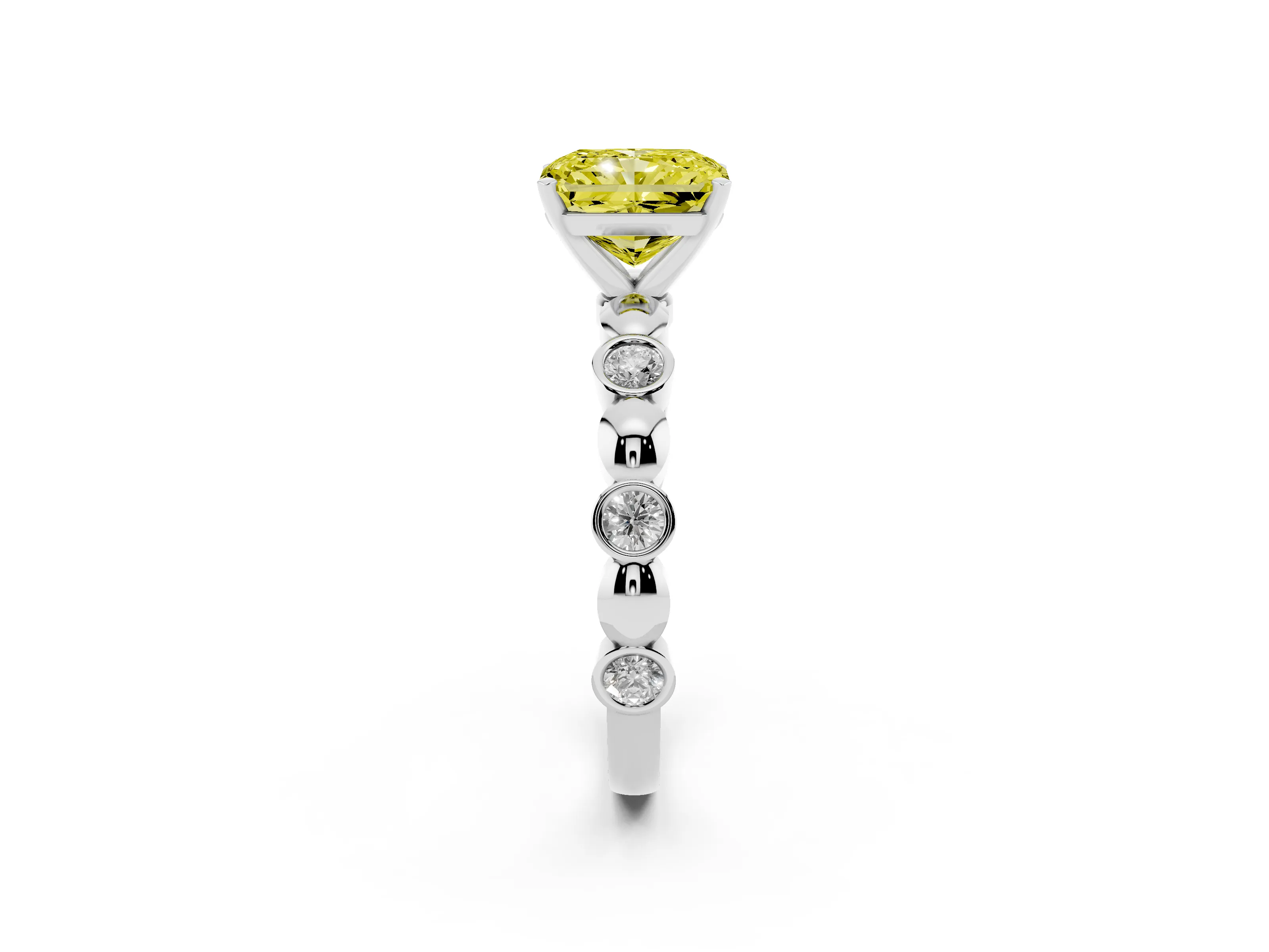 Fancy Yellow Radiant Cut Diamond Solitaire Ring Set in White gold with Bezel-Set Accents on Beaded Band and Prong Setting
