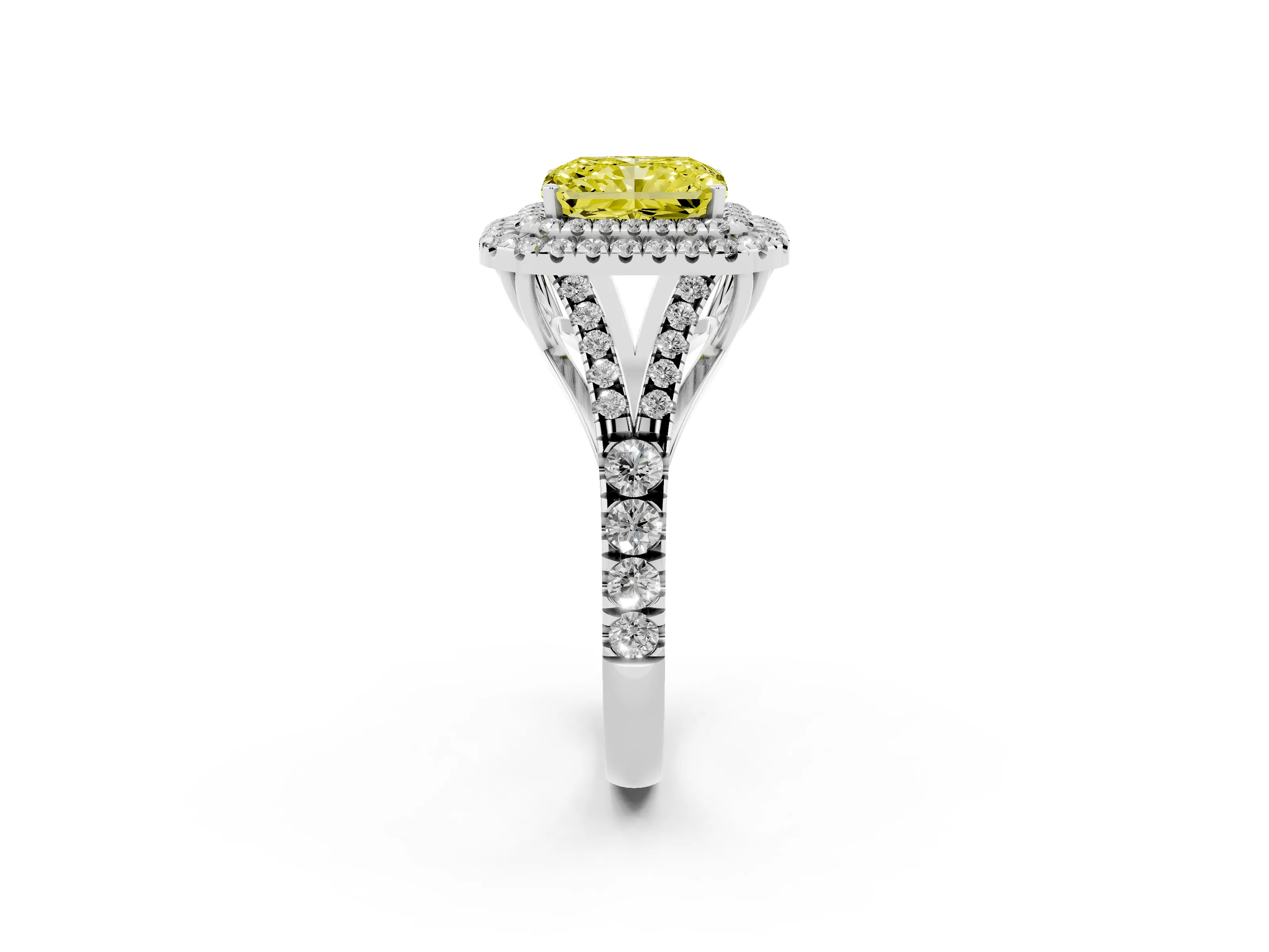 Fancy Yellow Radiant Cut Diamond Pavé Split Shank Double Halo Engagement Ring Set in Platinum