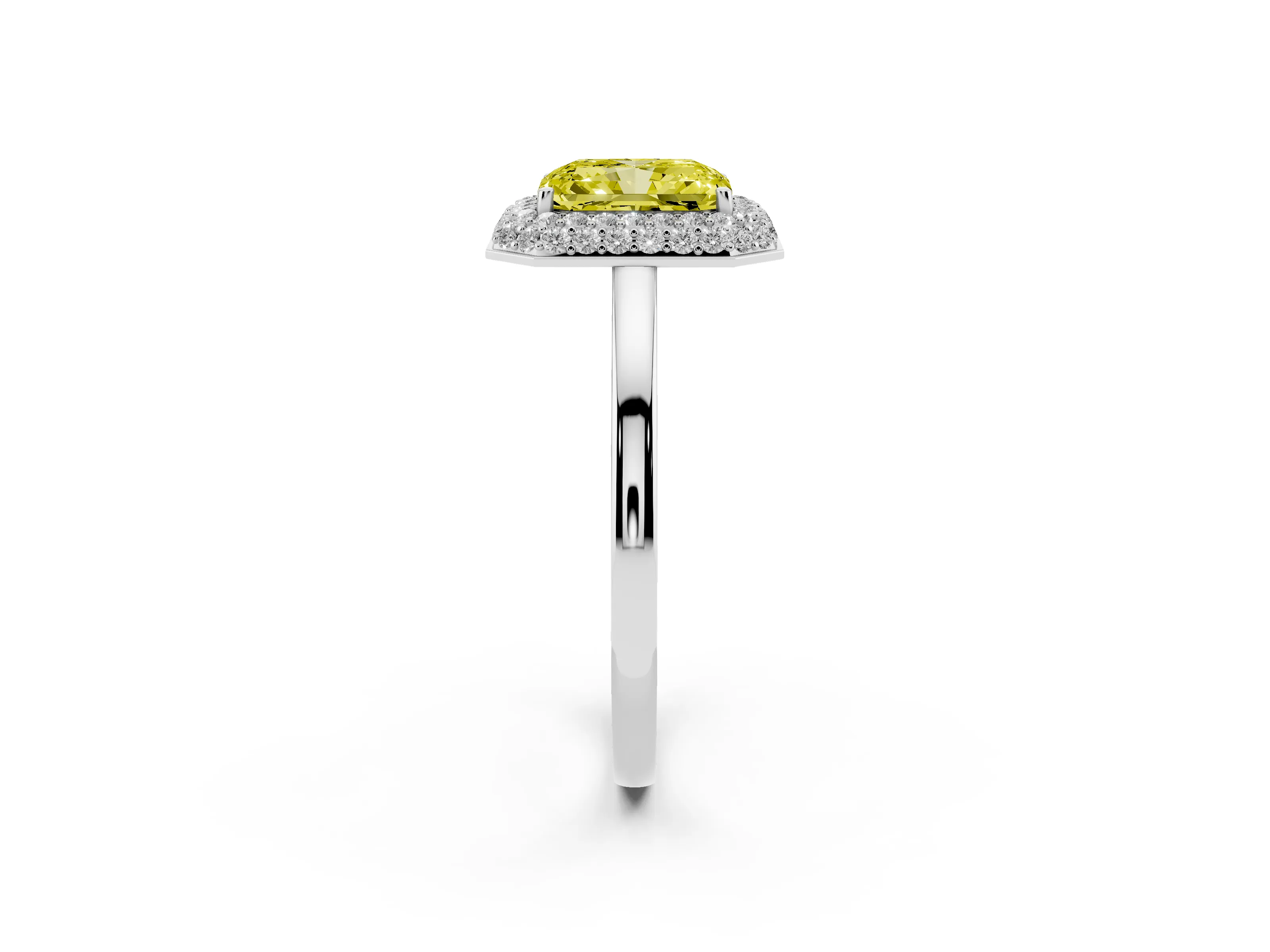 Fancy Yellow Radiant Cut Diamond Halo Engagement Ring Set in Platinum with Solitaire Band and Prong Setting