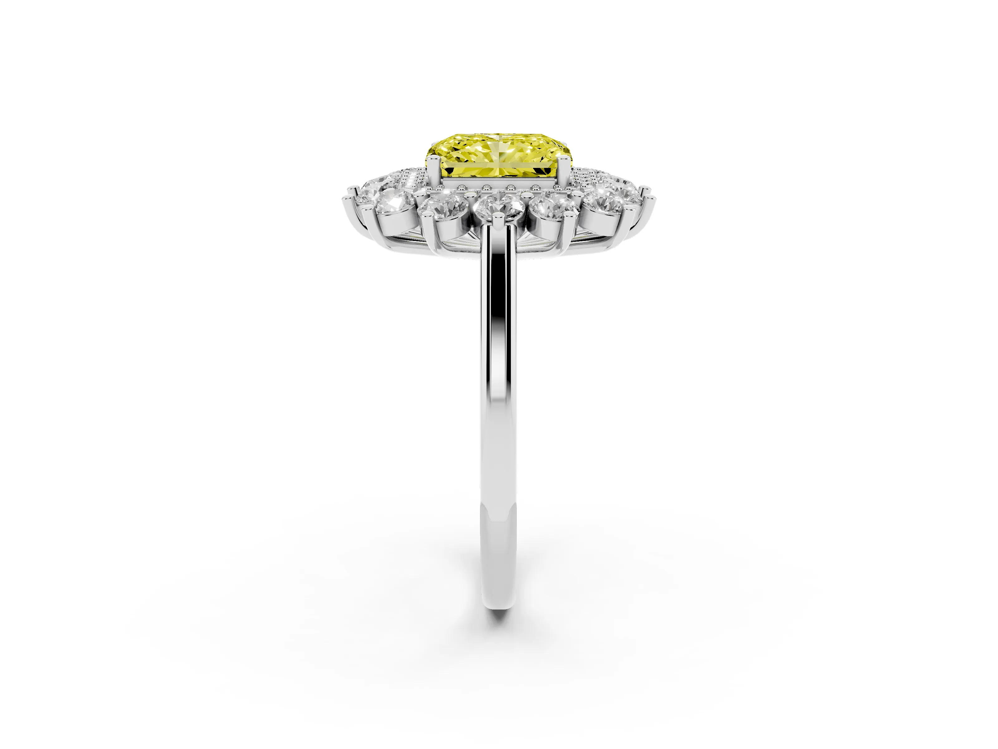 Fancy Yellow Radiant Cut Diamond Floral Double Halo Ring Set in White gold with Round Petals