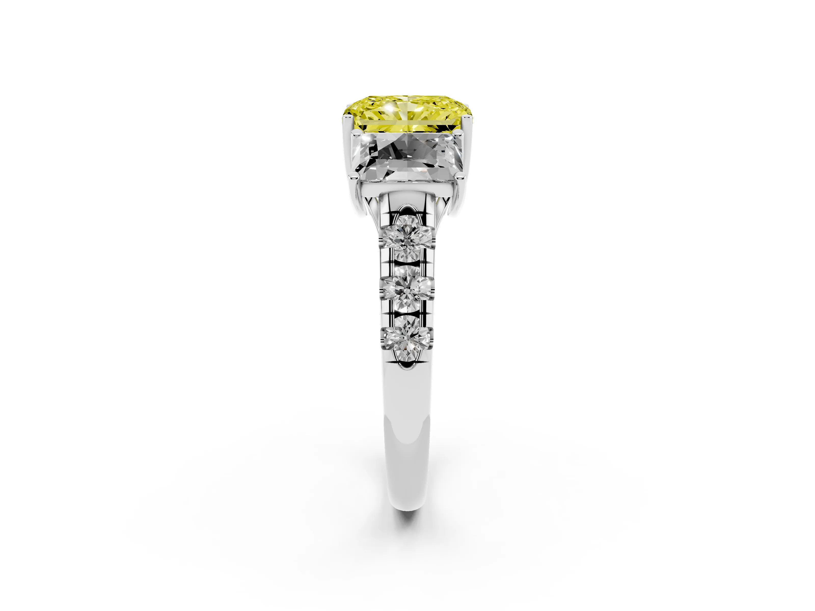 Fancy Yellow Radiant Cut Diamond Three-Stone Ring Set in Platinum with Pavé Band
