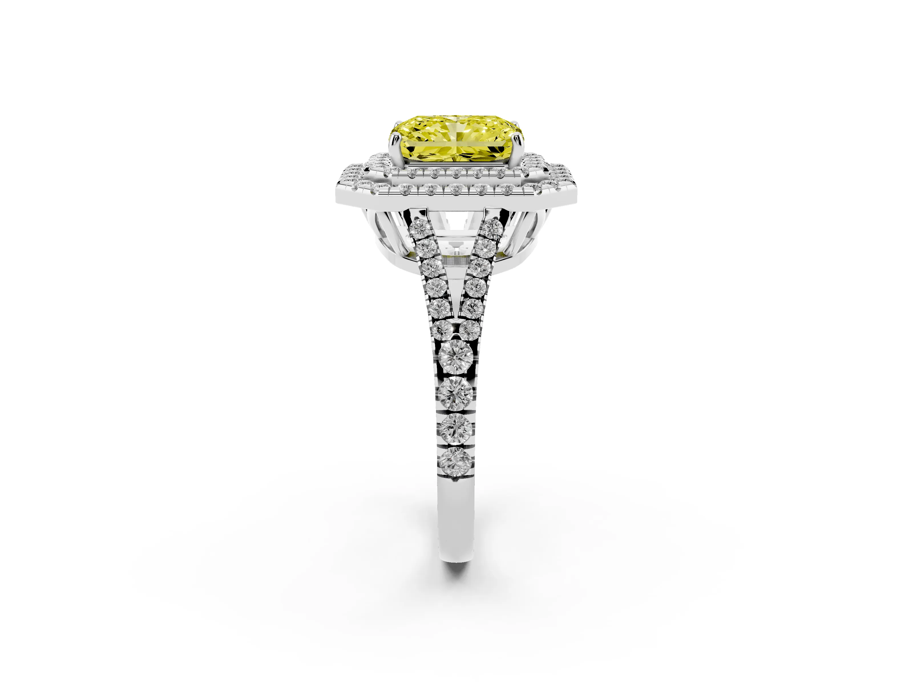 Fancy Yellow Radiant Cut Diamond Double Halo Ring Set in White gold with Pavé Band