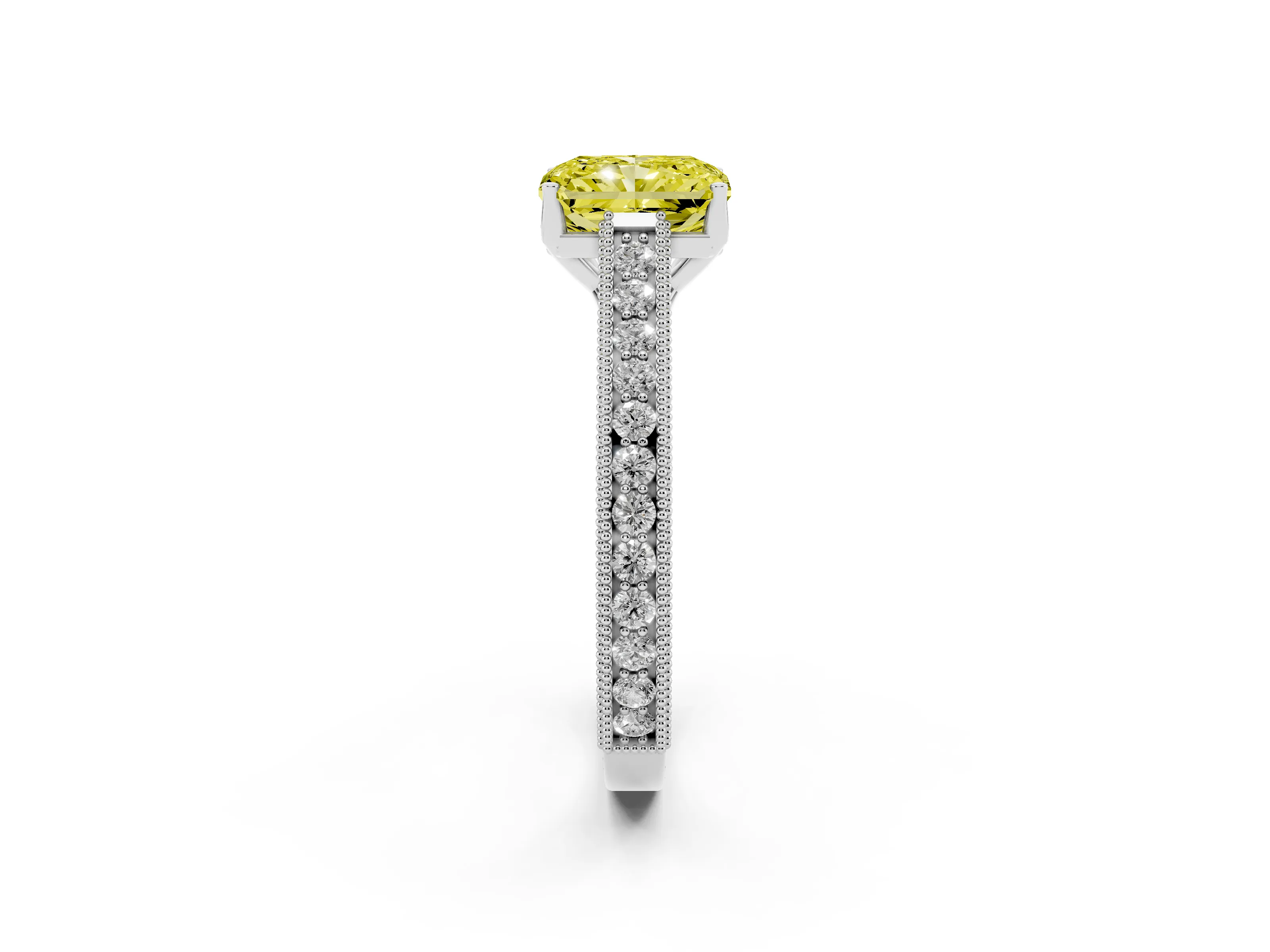 Fancy Yellow Radiant Cut Diamond Milgrain Pavé Band Solitaire Ring Set in Platinum with Prong Setting