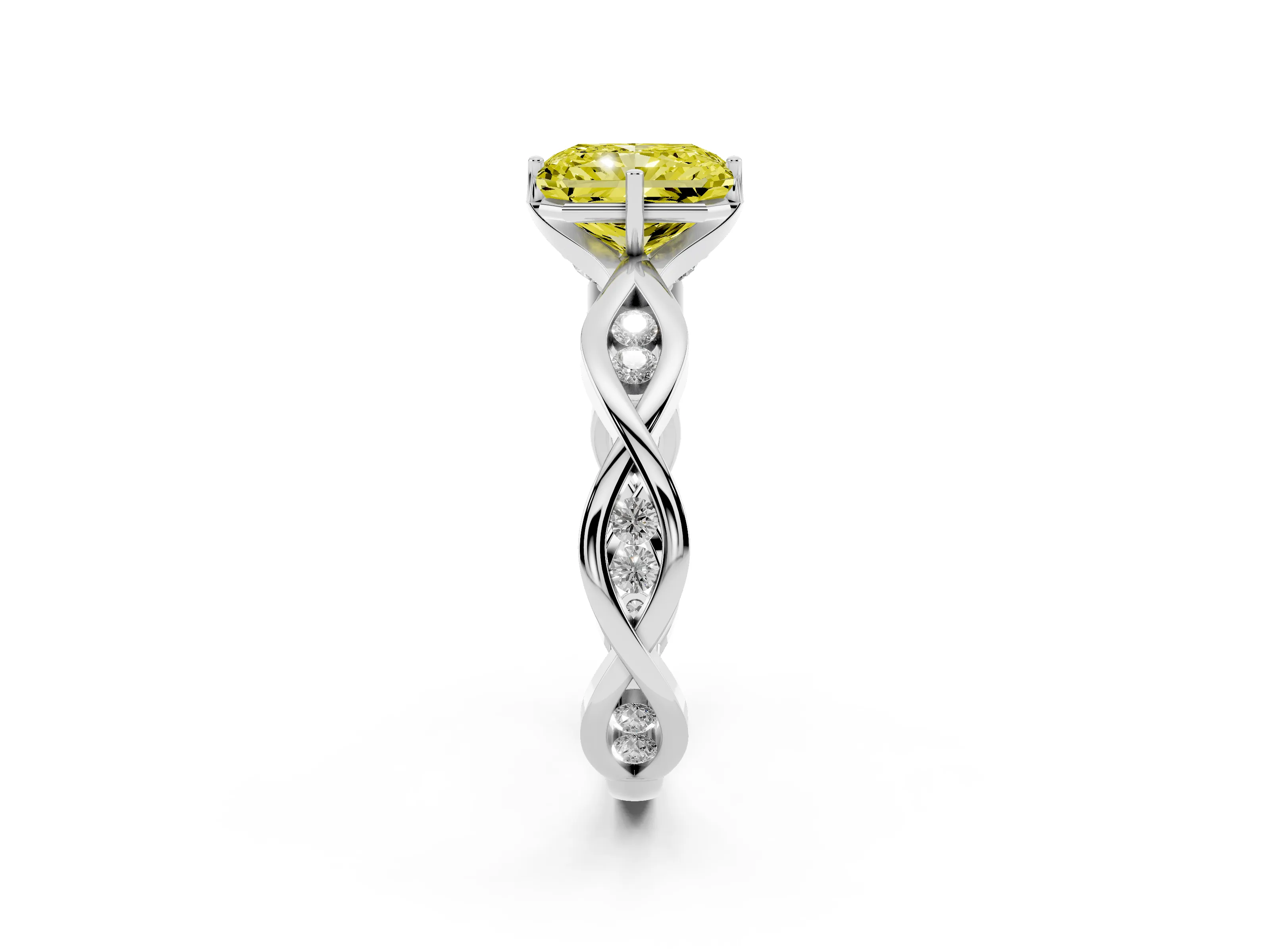 Fancy Yellow Radiant Cut Diamond Twist Band Solitaire Ring Set in Platinum with Leaf Prong Setting and Accent Stones