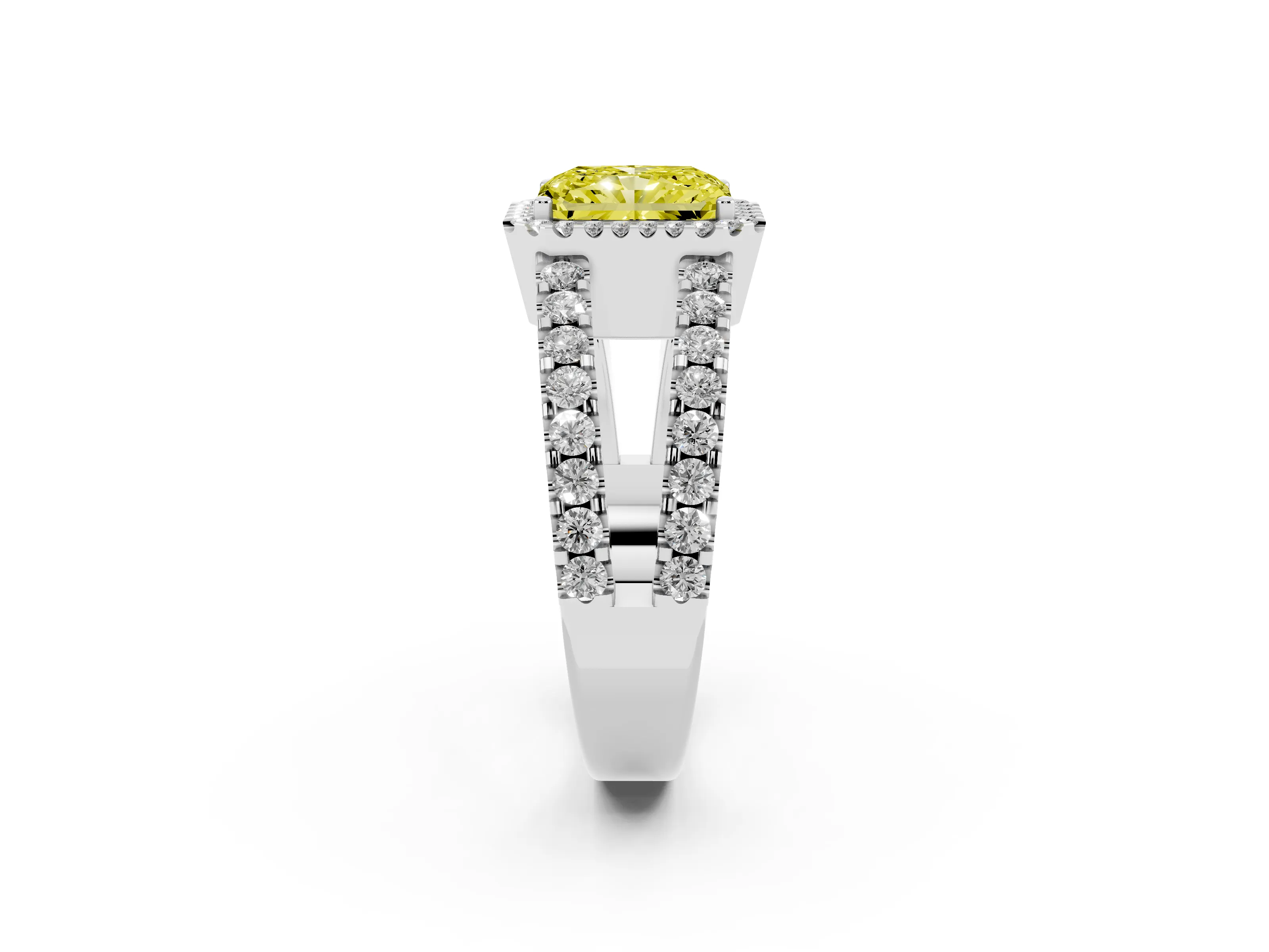 Fancy Yellow Radiant Cut Diamond Halo Ring Set in Silver with Pavé Split Shank and Prong Setting