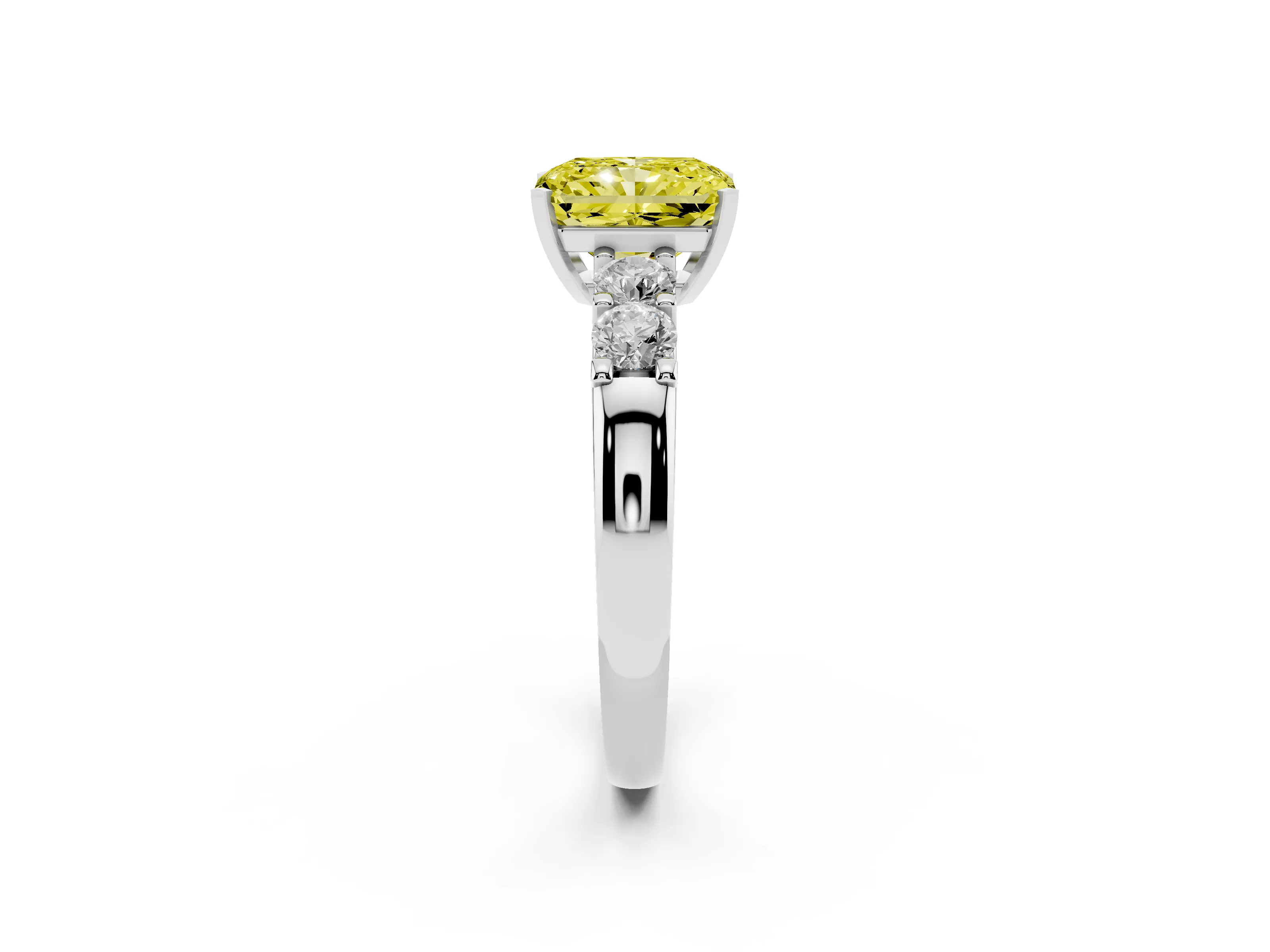 Fancy Yellow Radiant Cut Diamond Five-Stone Prong Set Engagement Ring Set in White gold with Channel Band