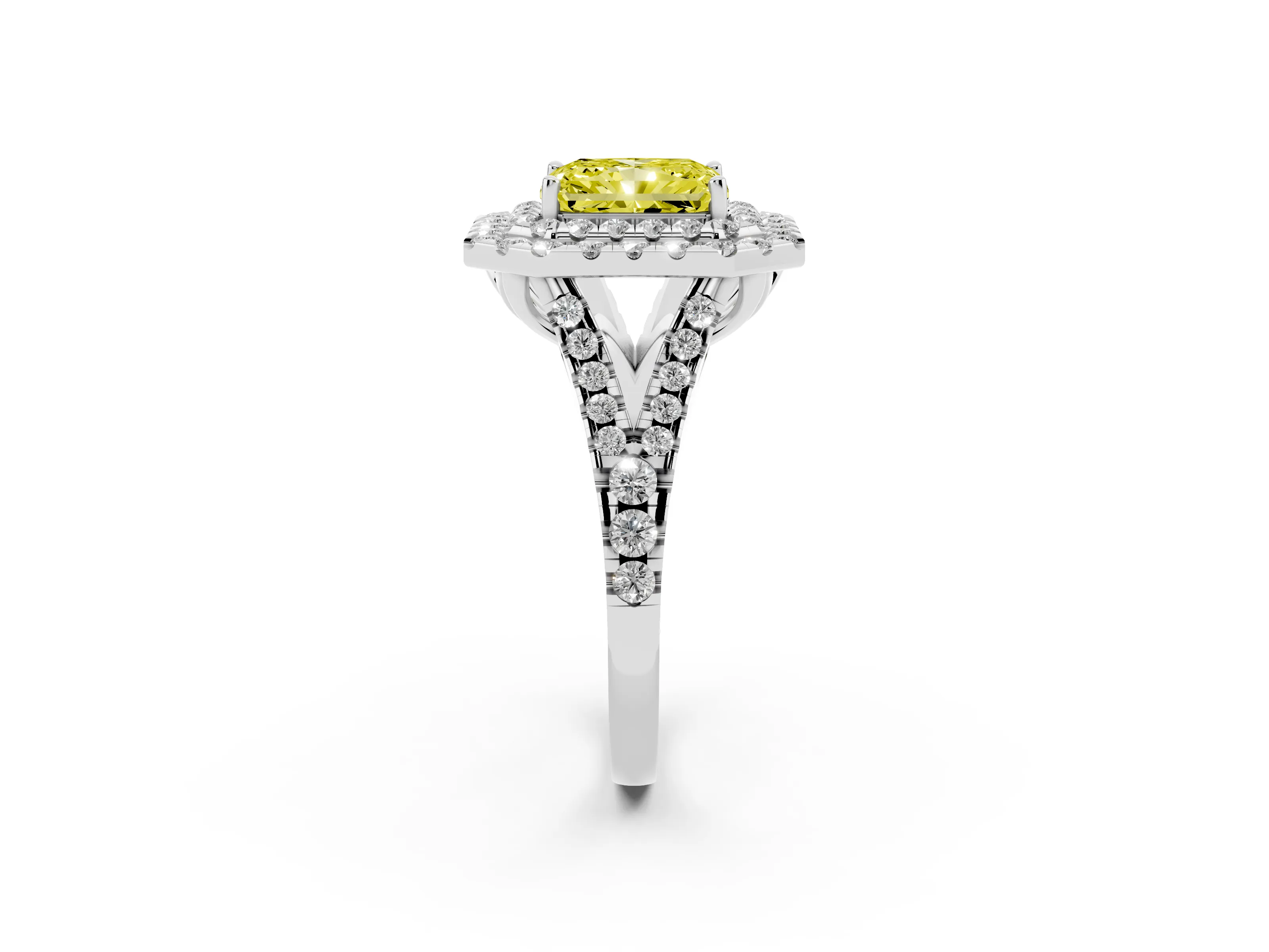 Fancy Yellow Radiant Cut Diamond Double Halo Ring Set in Silver with Pavé Split Shank and Prong Setting