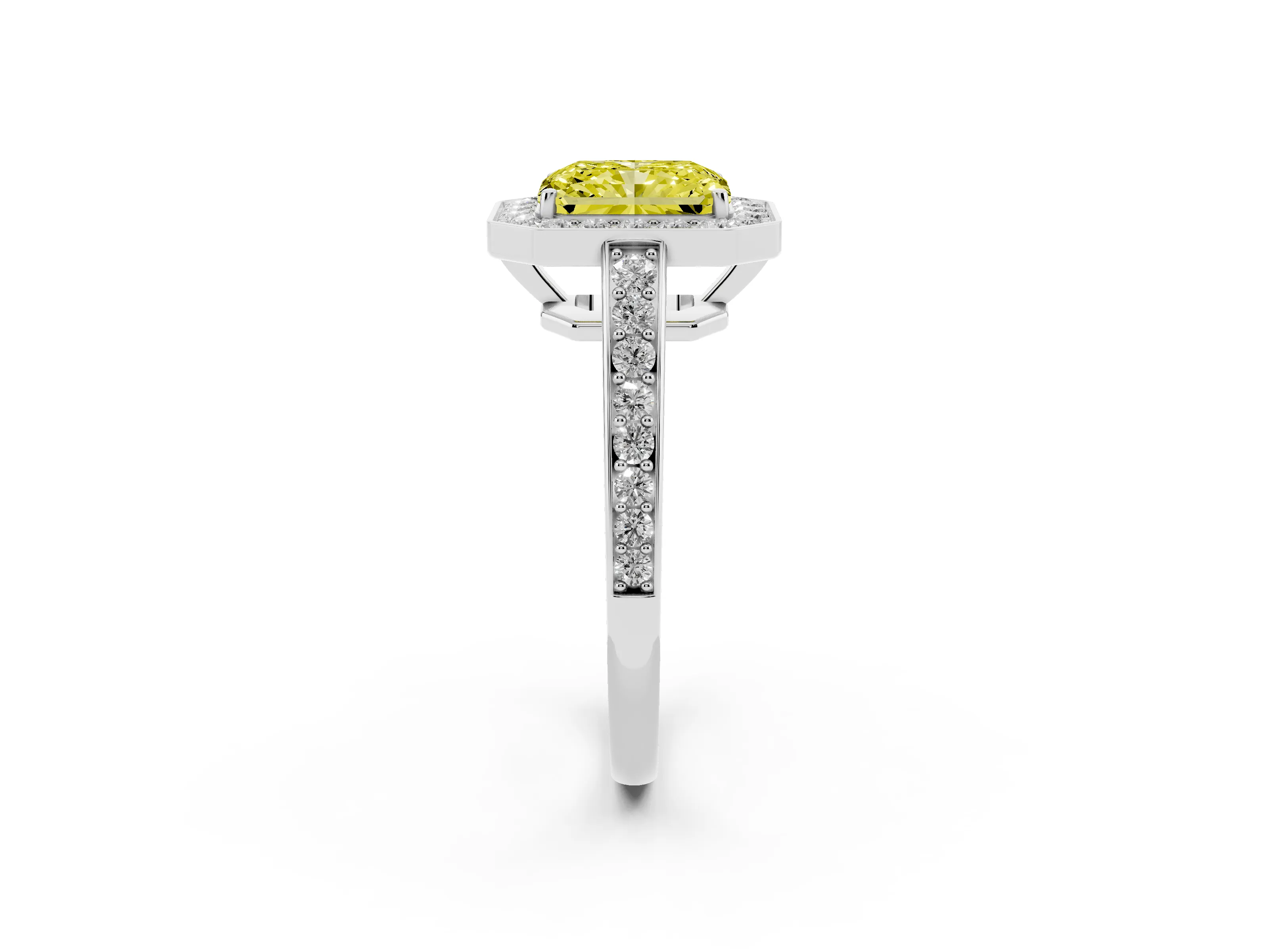 Fancy Yellow Radiant Cut Diamond Halo Pavé Engagement Ring Set in Silver with Bezel Setting
